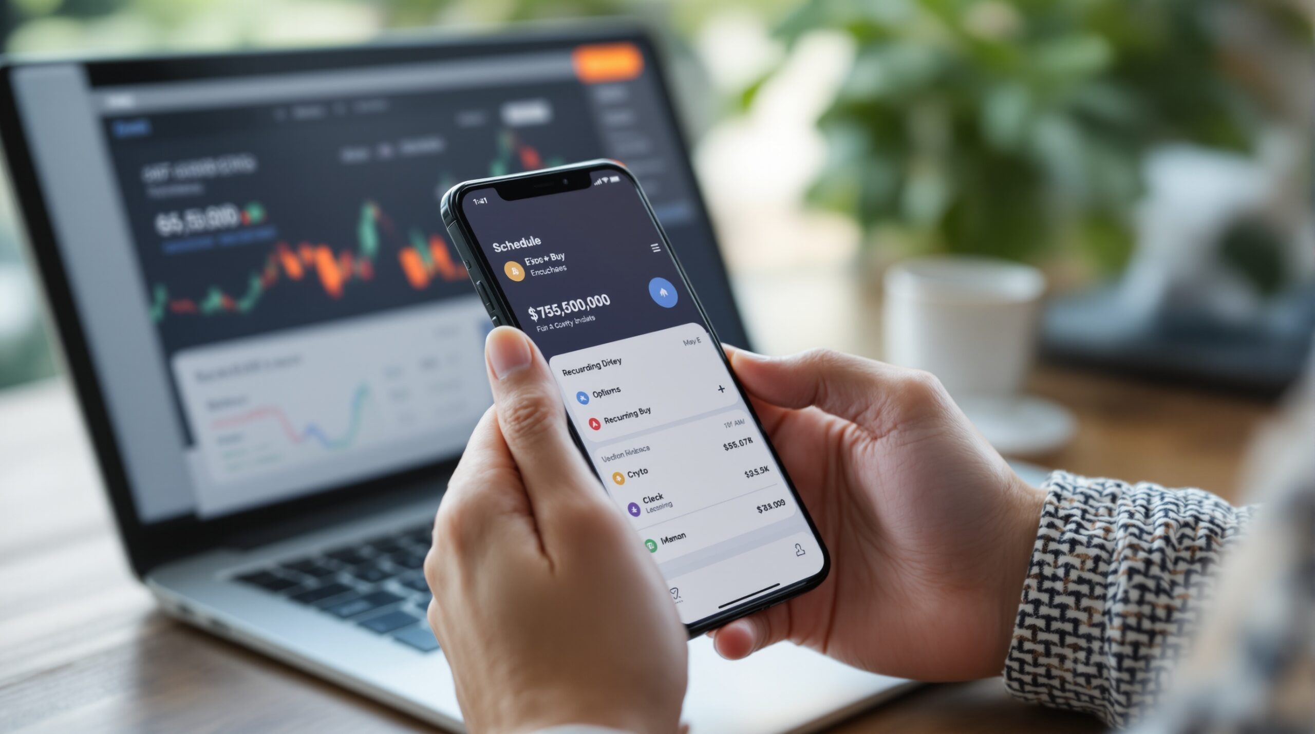 Investor using a mobile app to review scheduled crypto purchases