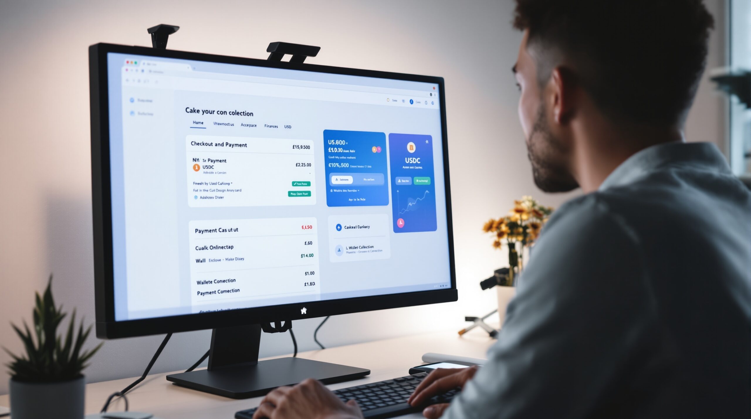 Online business owner looking at a monitor with checkout and payment status screens for USDC acceptance