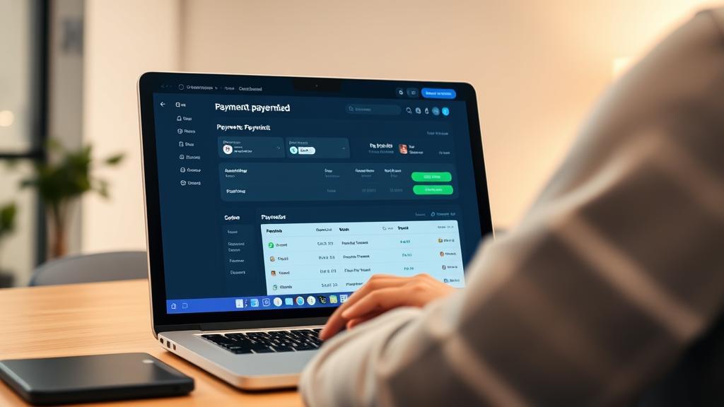 Laptop and monitor showing a payment dashboard for an online store accepting USDC.