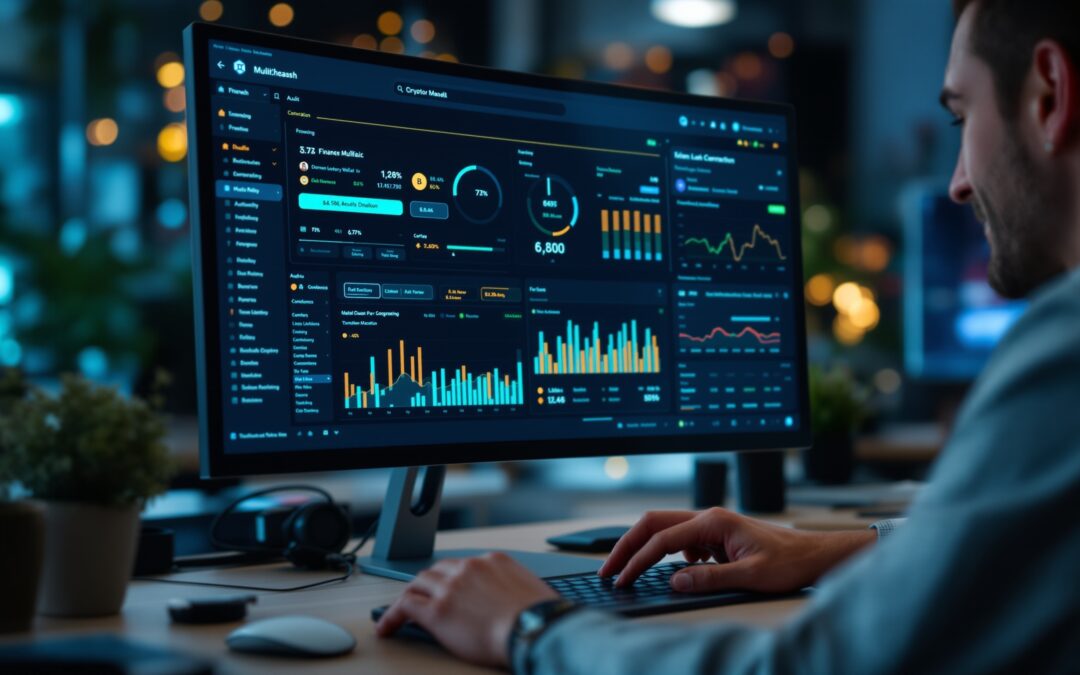 Business operator reviewing a crypto wallet dashboard for self-custody payments and treasury controls