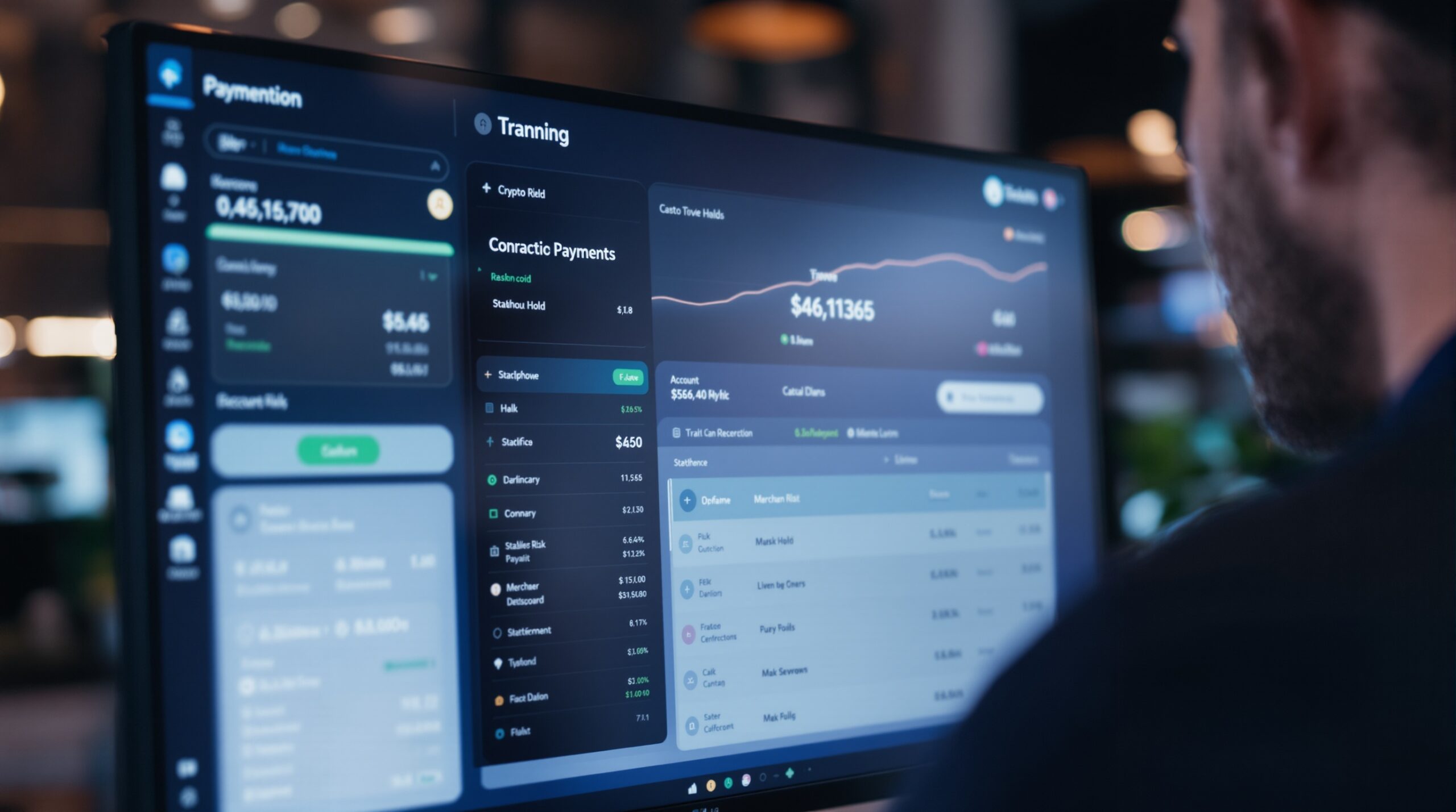 Crypto payment screen showing transaction review, compliance checks, and account risk status