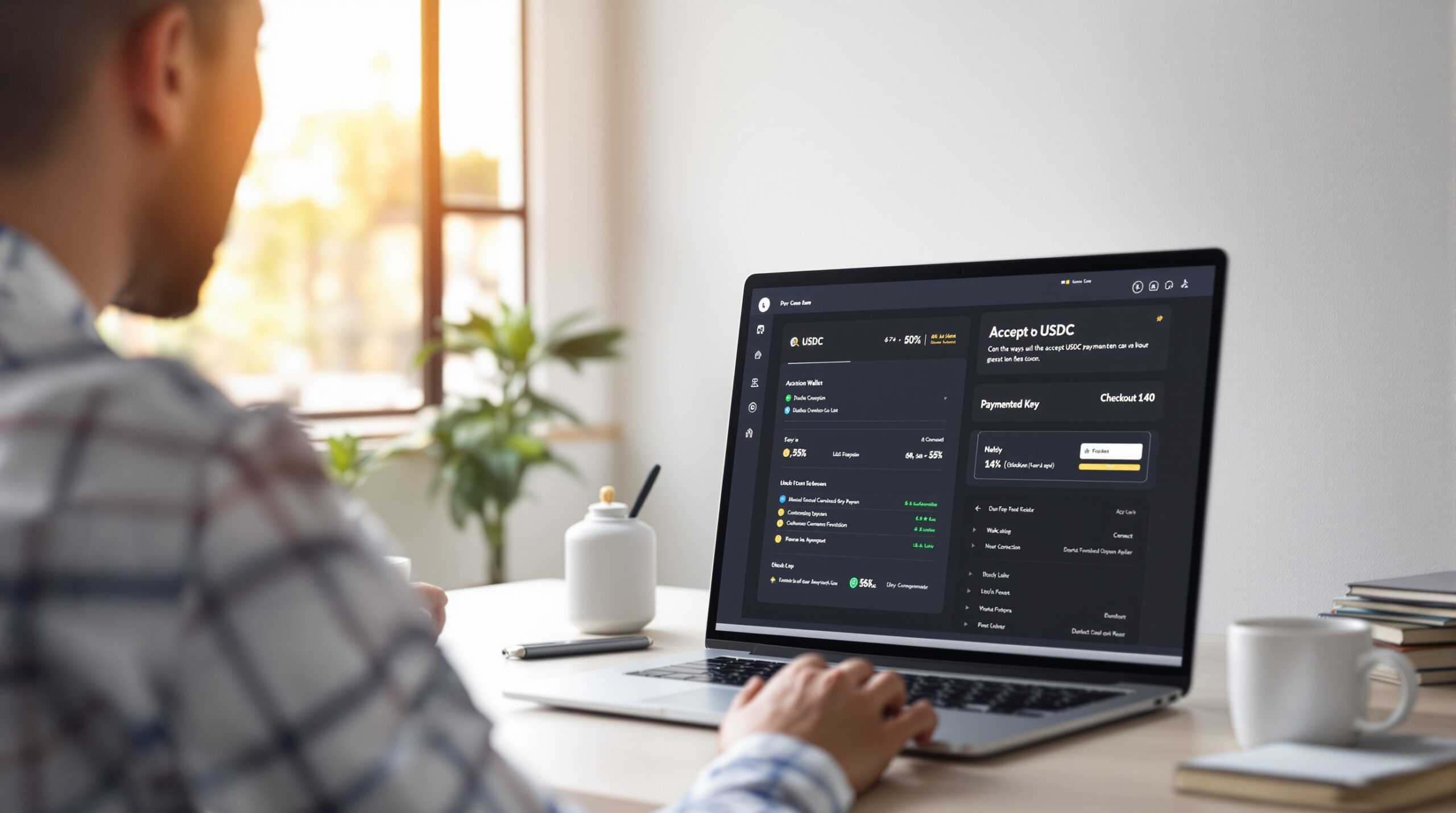 Modern workspace with a dashboard on screen for comparing ways to accept USDC payments
