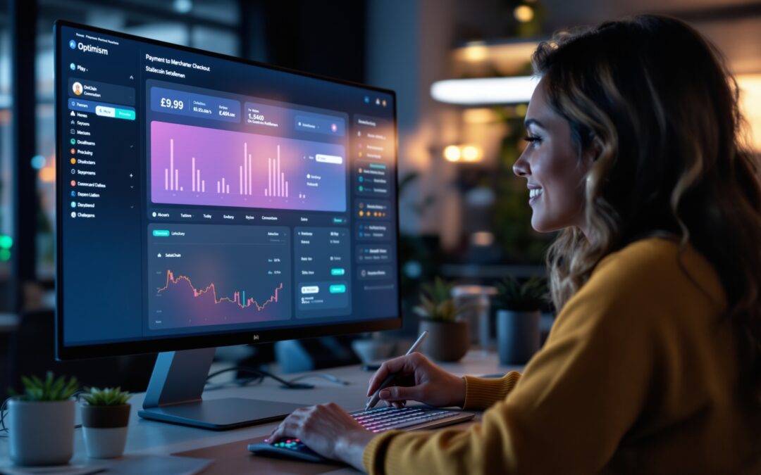 Merchant reviewing a crypto payment dashboard for accepting USDC on Optimism