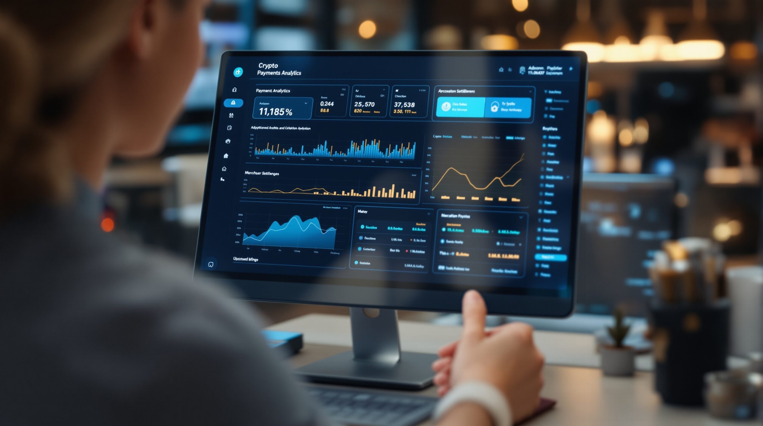 A crypto payments analytics dashboard showing adoption and settlement activity