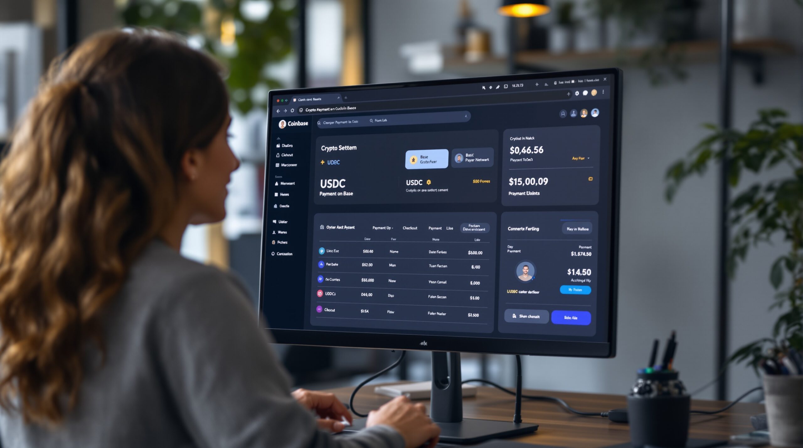 Crypto payment dashboard showing USDC on Base settlement and merchant payment status