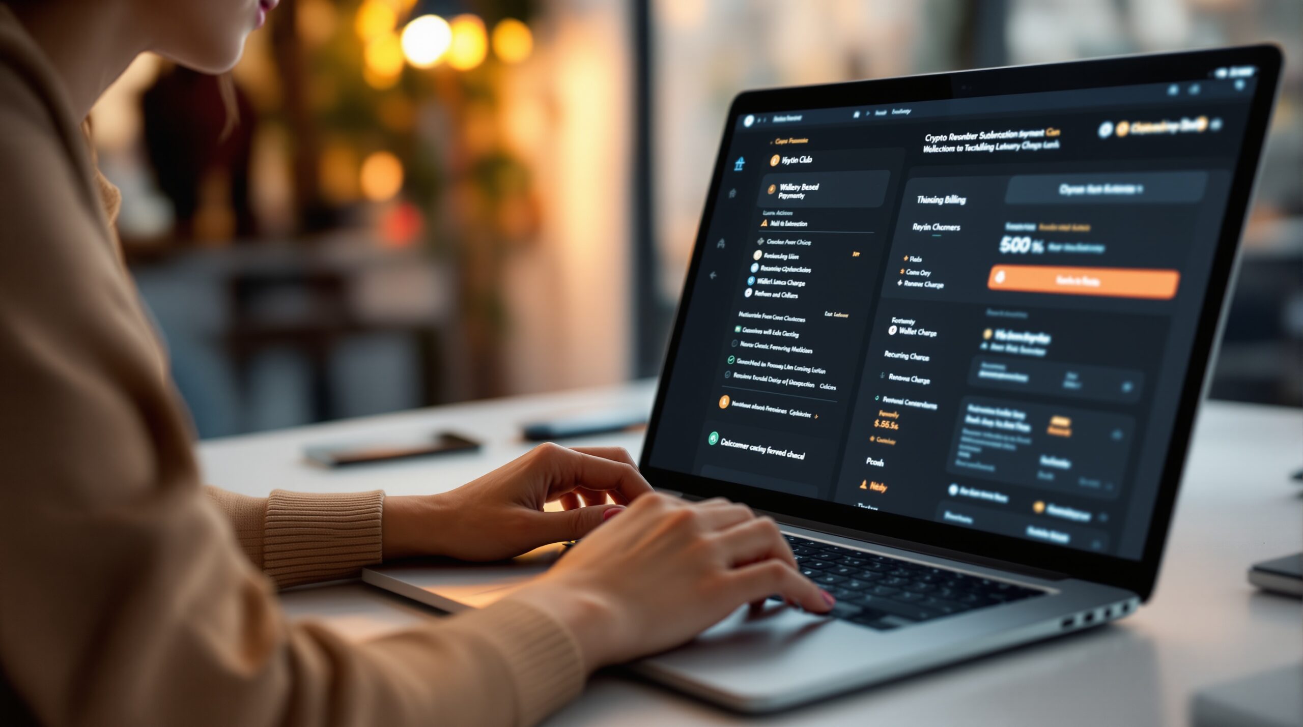 Customer completing a crypto subscription signup flow on a laptop with wallet-based payment options.