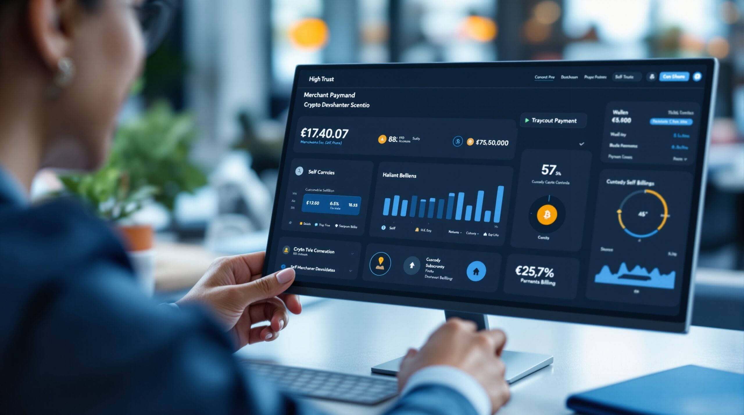 Merchant dashboard showing payment status and payout controls for crypto revenue