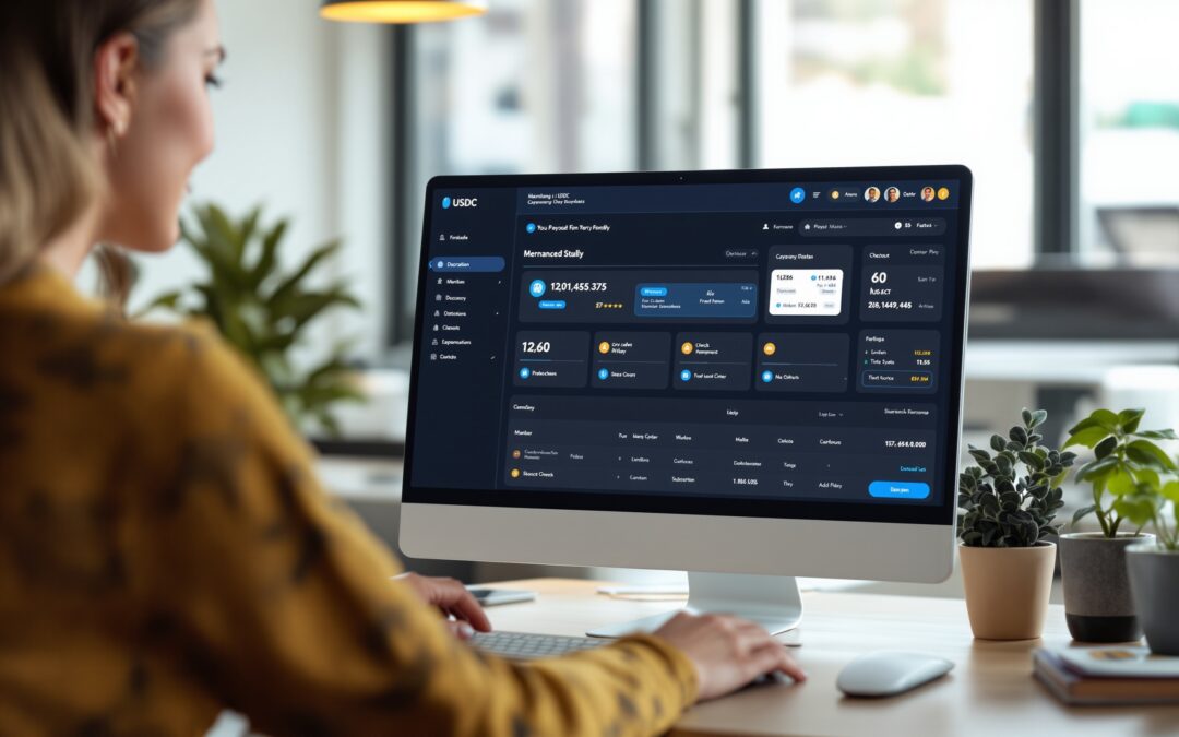 Modern crypto payment dashboard showing a USDC subscription flow for merchants