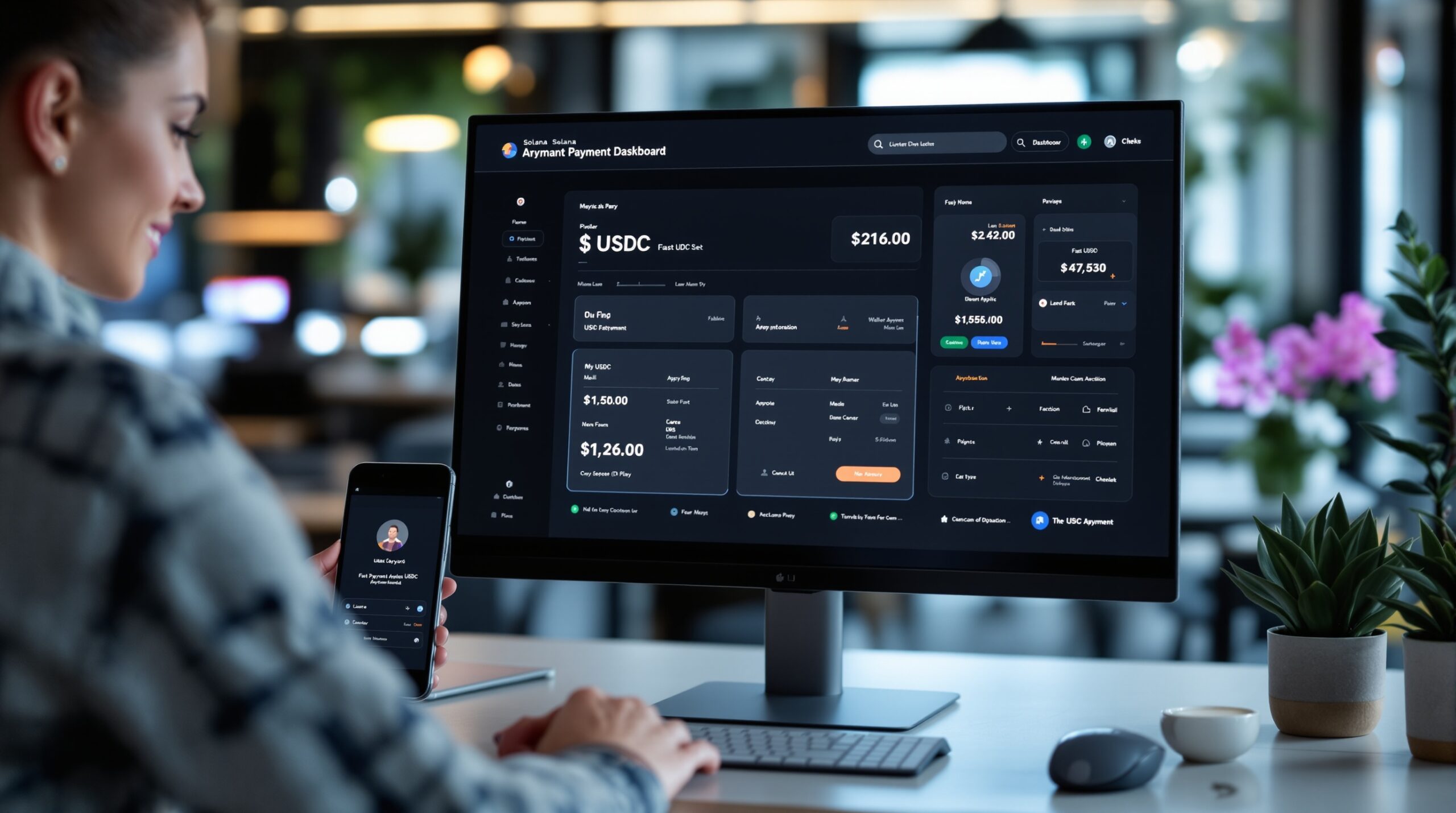 Fintech payment dashboard showing fast USDC settlement on Solana for merchant checkout