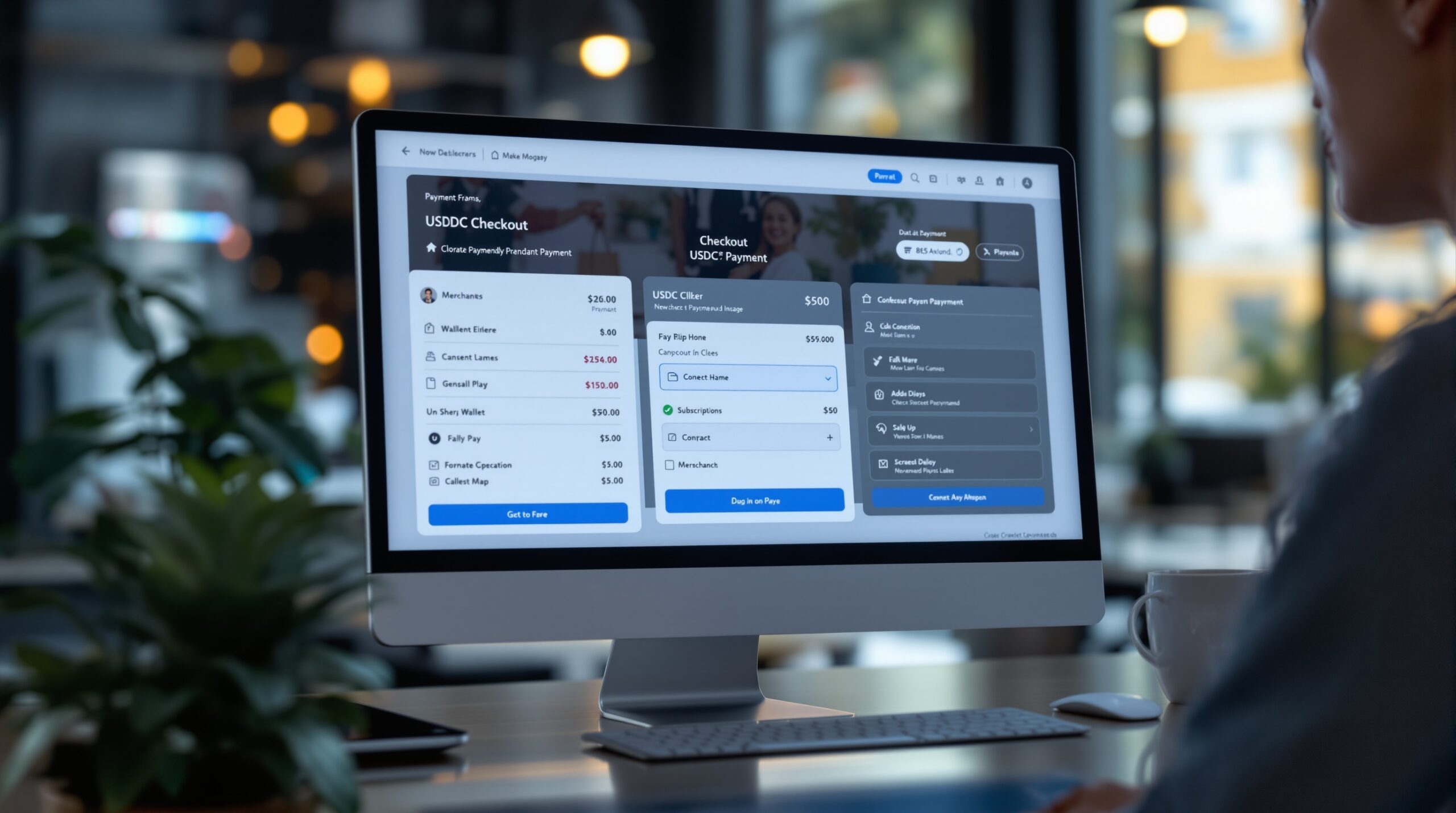 Digital payment screen showing a USDC checkout flow on a modern interface