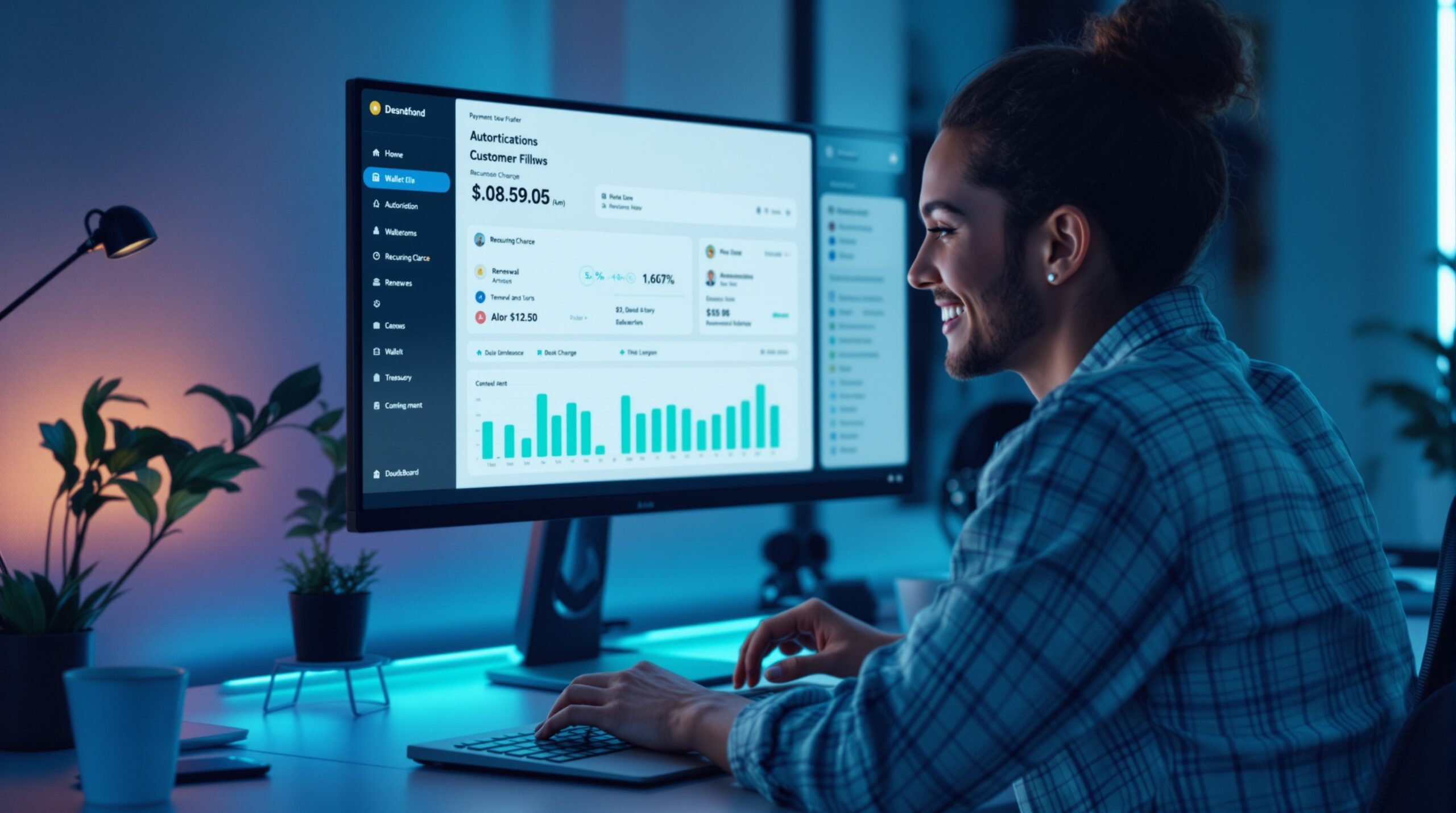 Founder reviewing a crypto payment dashboard for non-custodial SaaS billing and recurring subscription status.