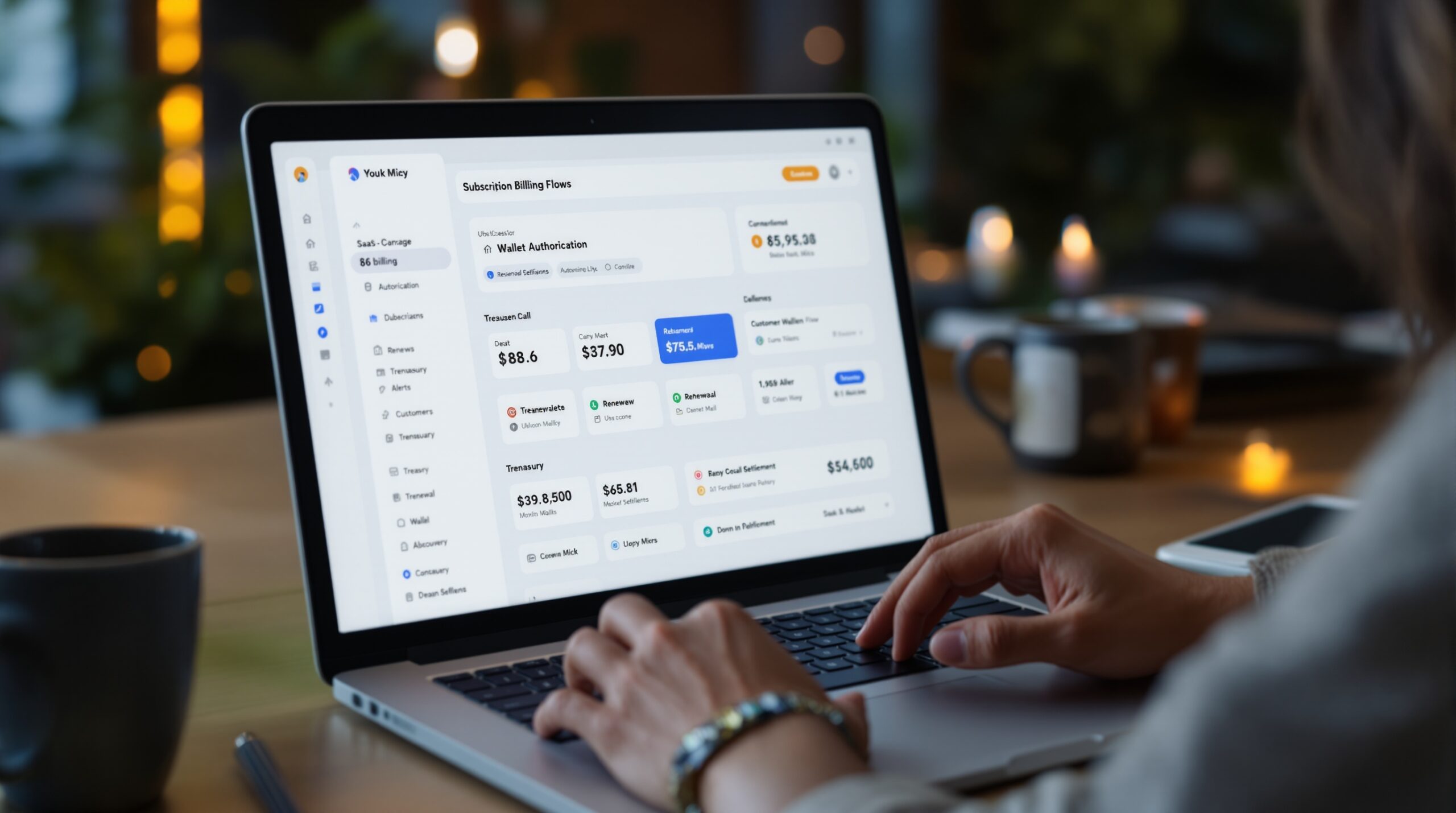 SaaS operator viewing a billing dashboard for non-custodial crypto subscription architecture.