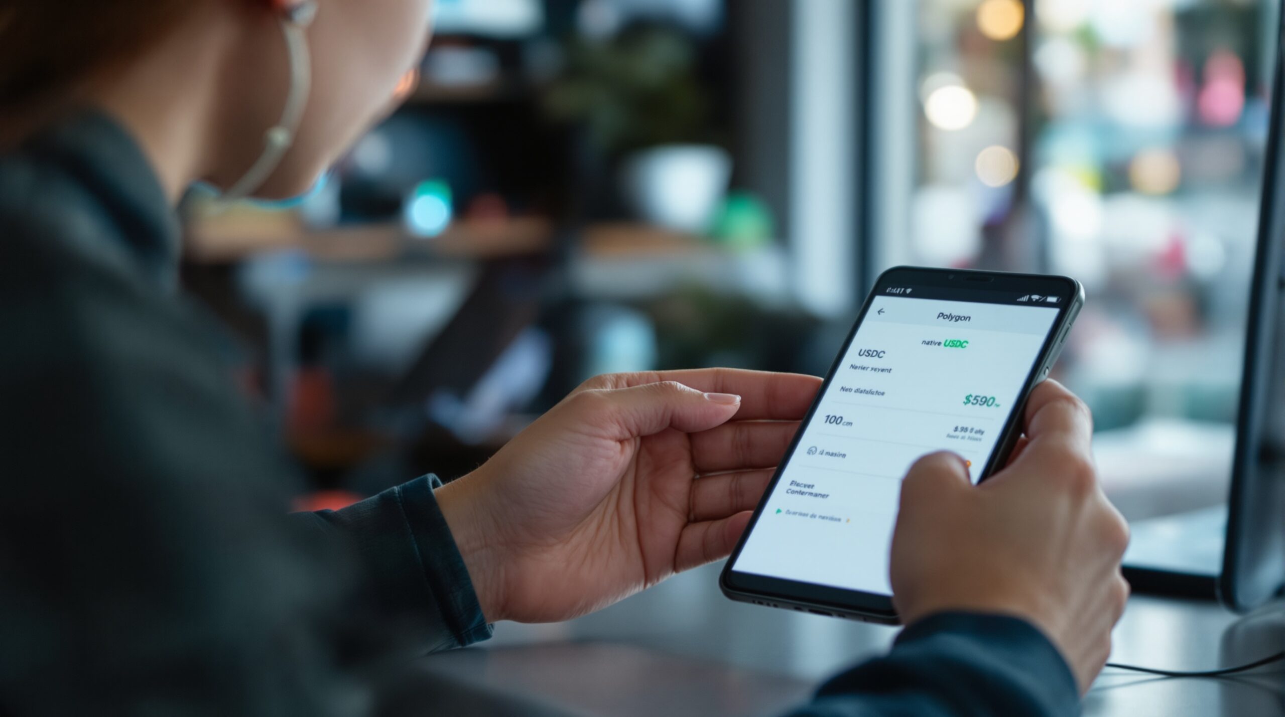 Crypto wallet interface showing native USDC on Polygon for merchants