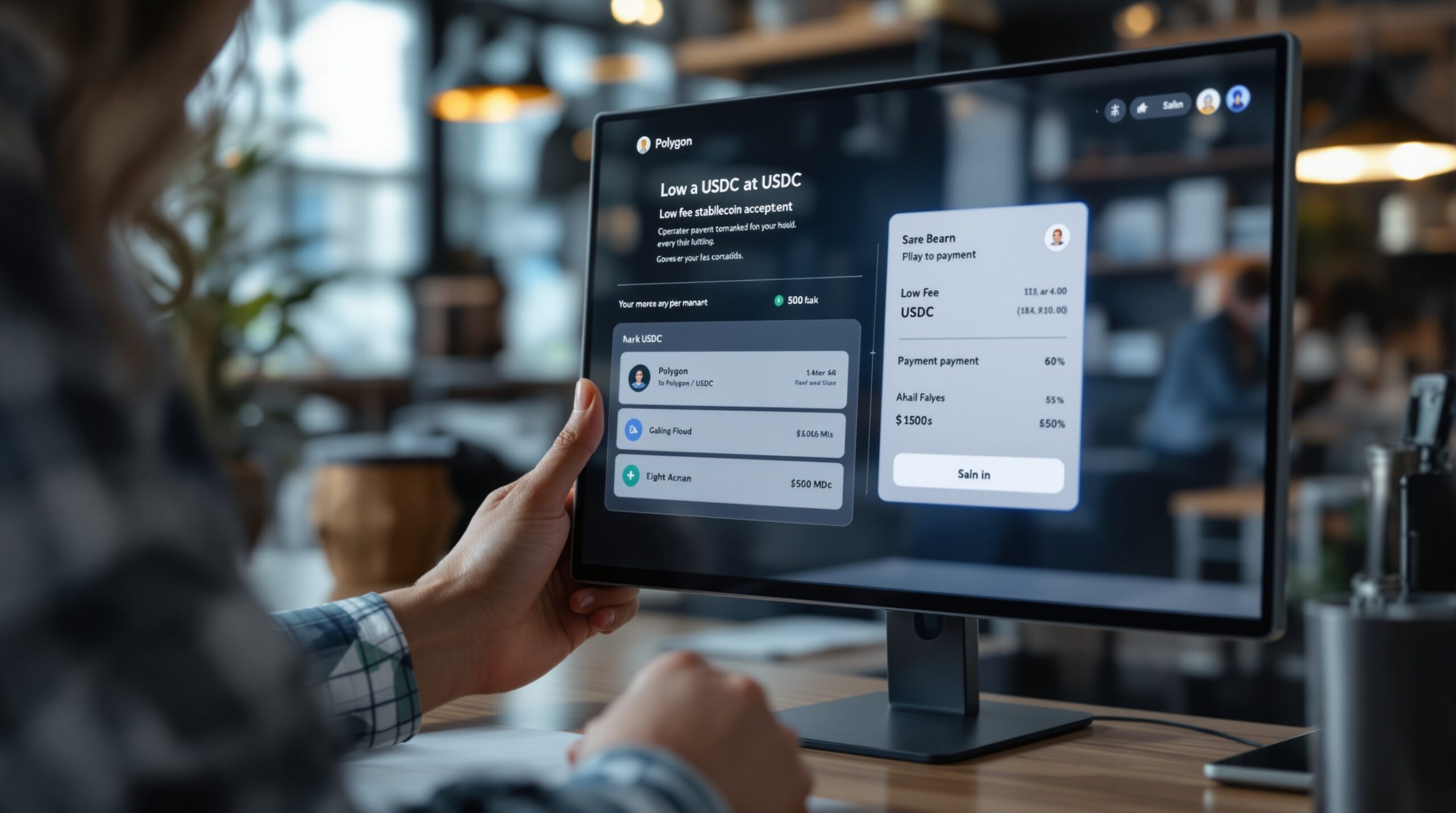 Digital payment screen illustrating low-fee USDC acceptance on Polygon