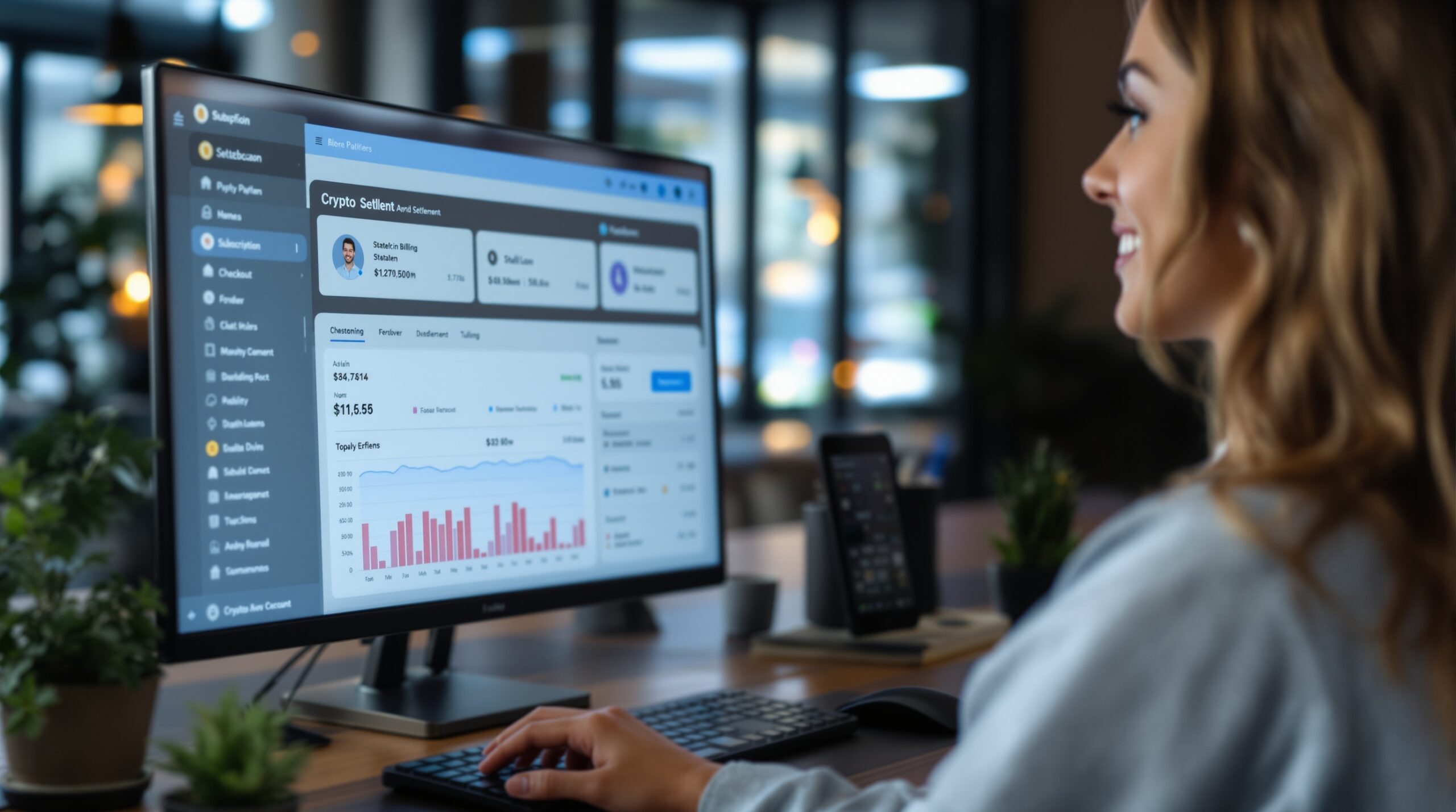 Crypto payment dashboard showing settlement and subscription activity for a business account.