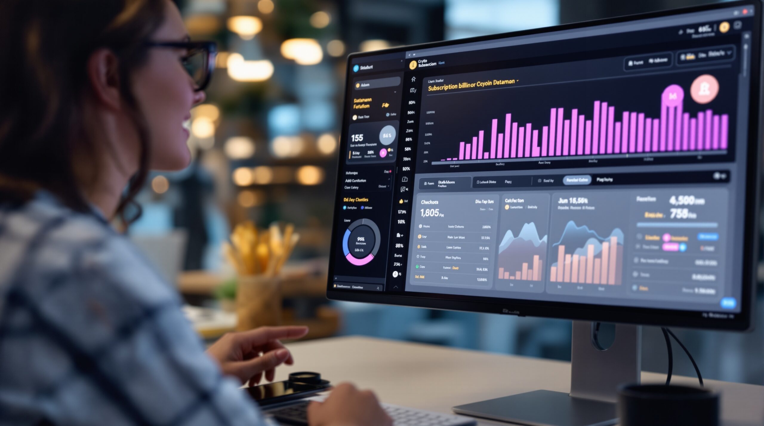 Subscription business operator reviewing a crypto payment dashboard and recurring revenue reporting on a modern monitor.