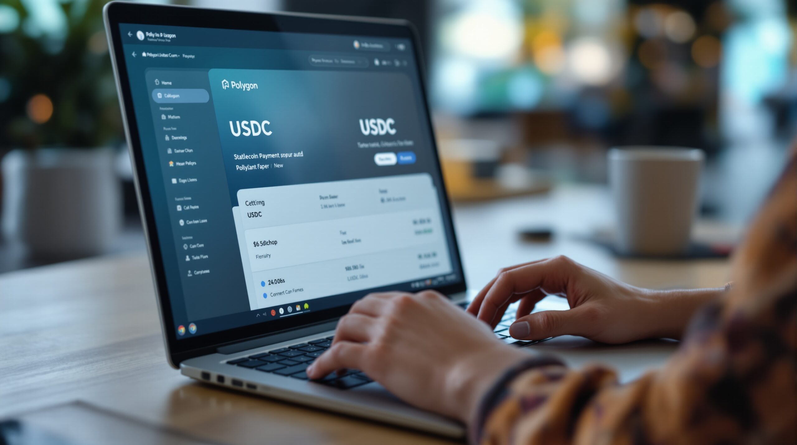 Modern workspace laptop used for setting up USDC payments on Polygon