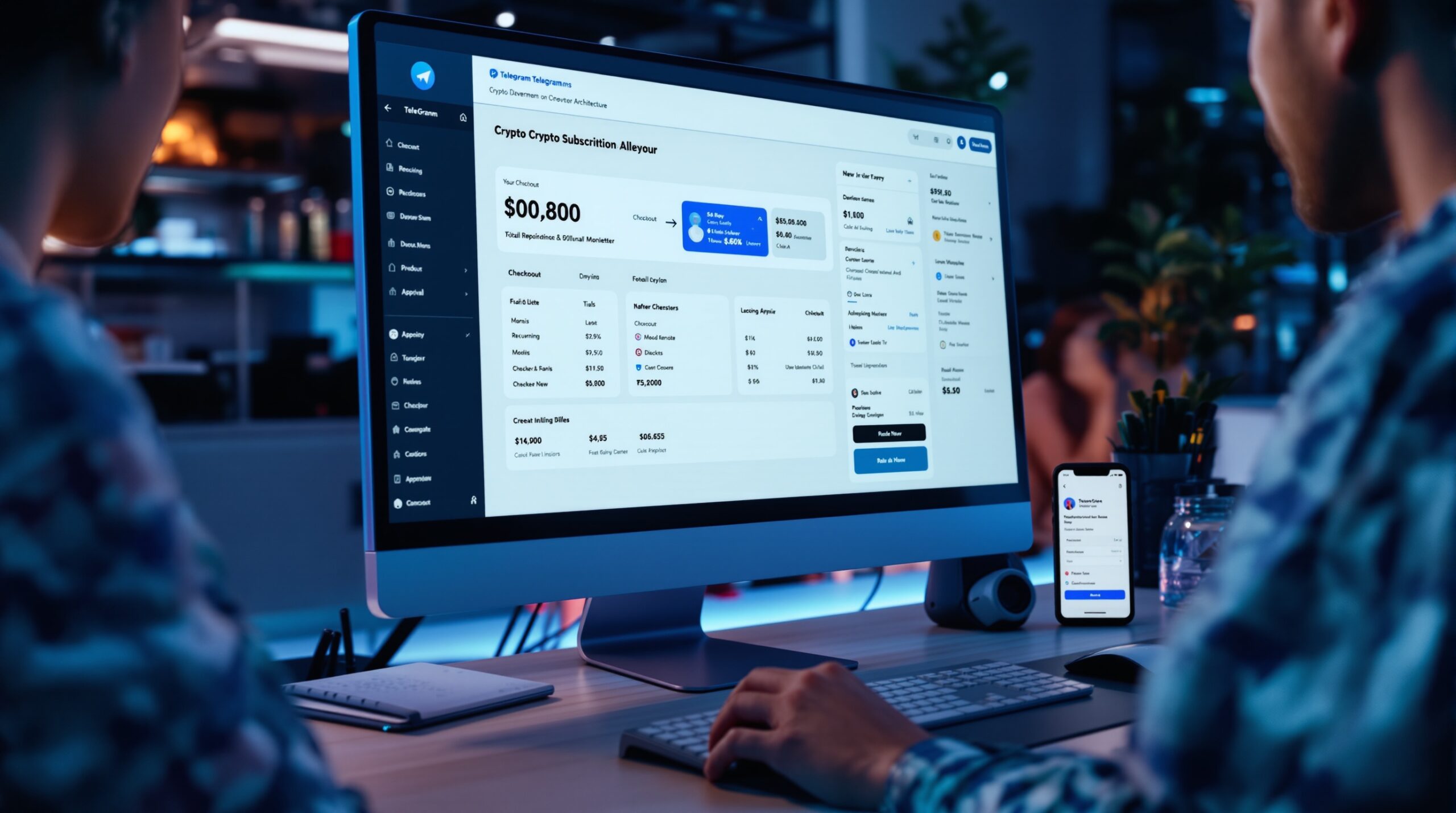 A developer workspace with a monitor showing the architecture behind Telegram crypto subscriptions