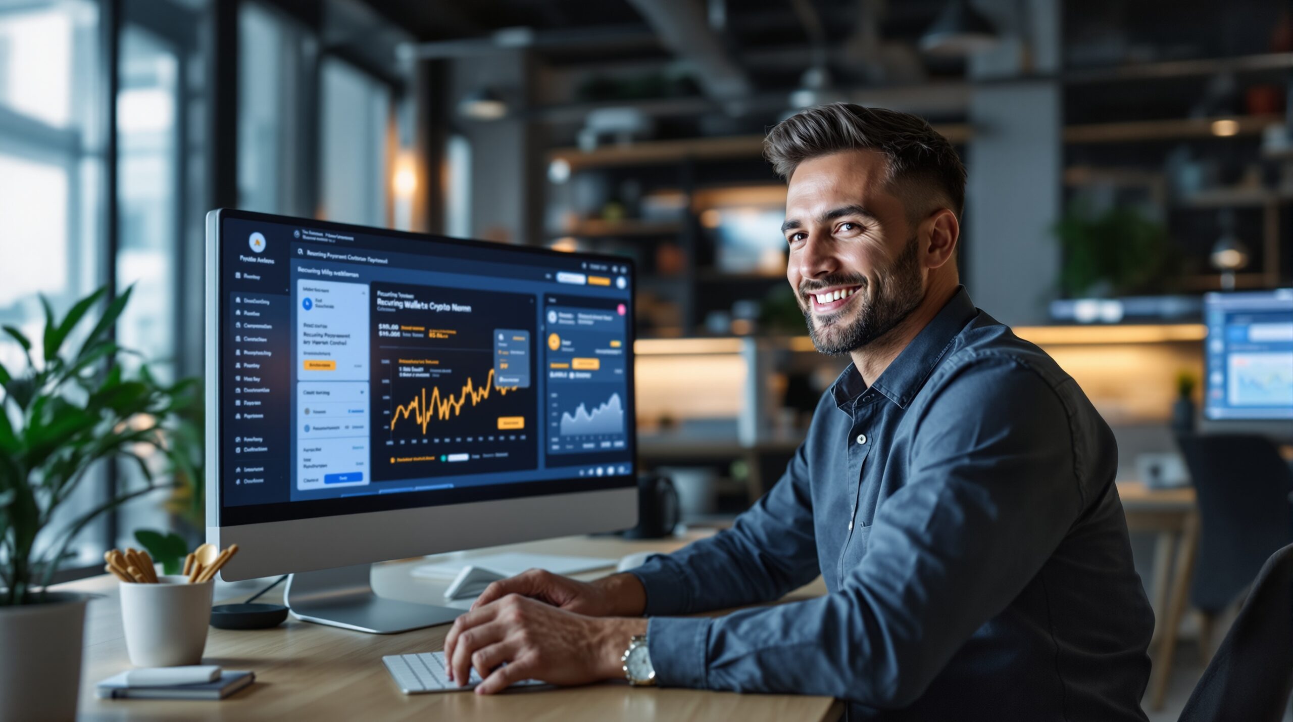 Confident founder in a workspace reviewing recurring crypto revenue and payment control