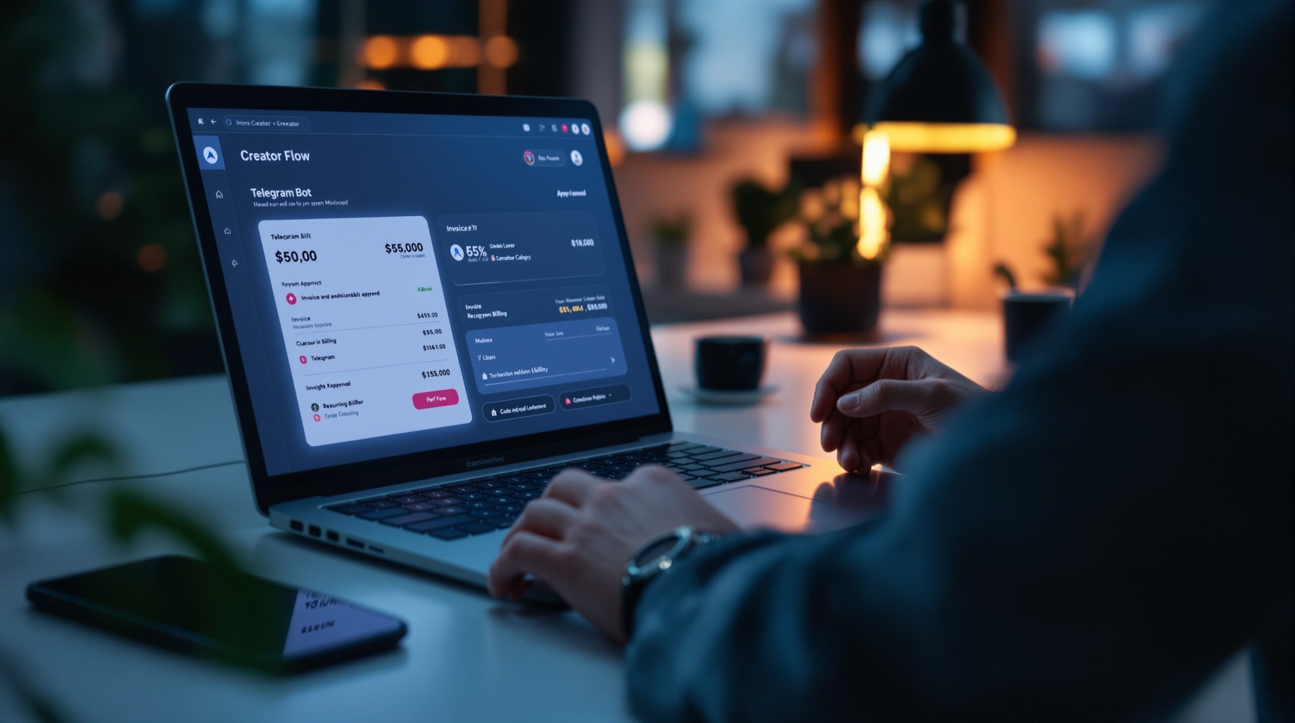 A checkout screen representing Telegram bot payment flow and invoice-based billing