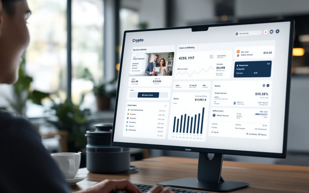 Merchant reviewing a crypto payment dashboard showing direct settlement and business payment activity