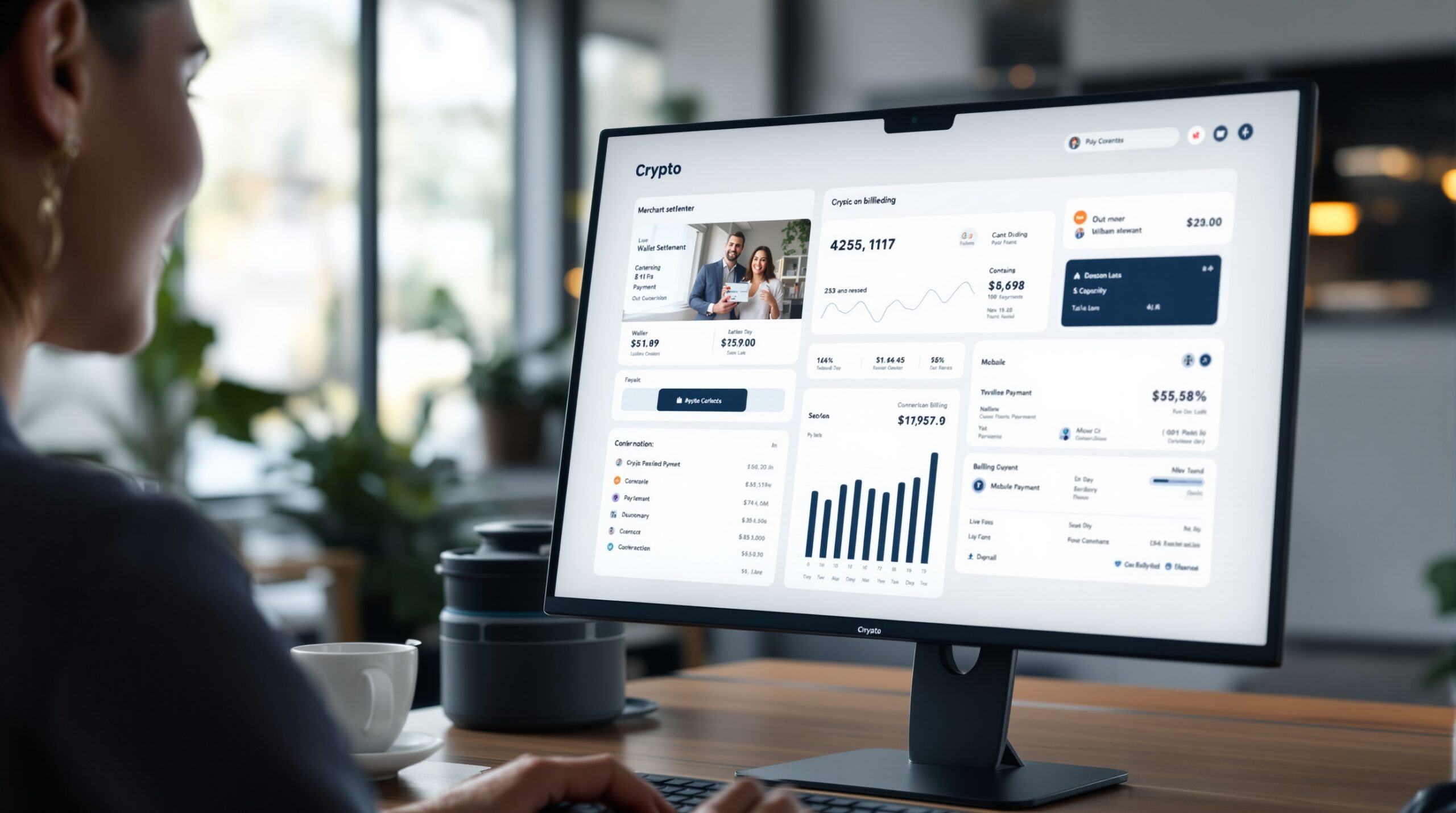 Merchant reviewing a crypto payment dashboard showing direct settlement and business payment activity