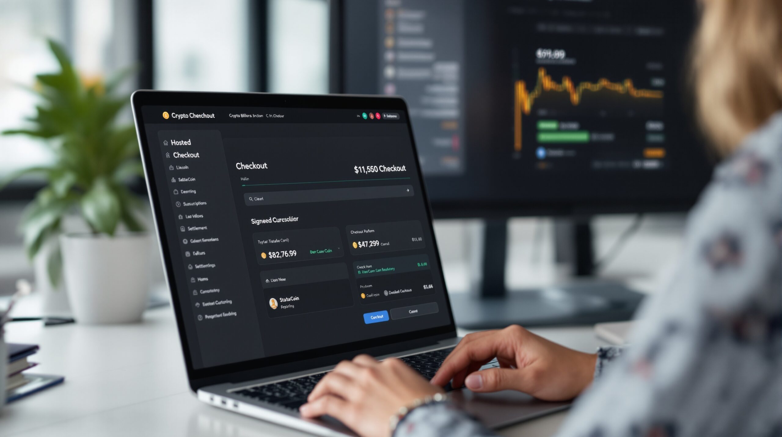 Hosted checkout screen for a crypto subscription signup flow on a laptop and monitor.