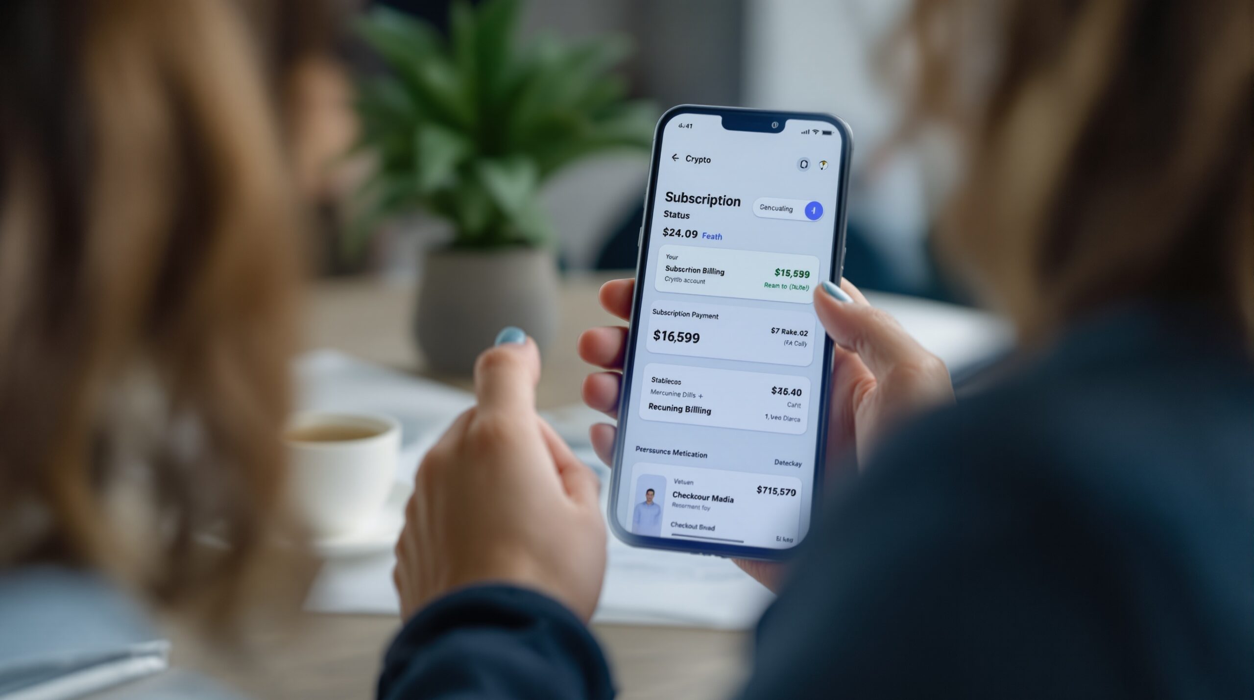 Mobile crypto payments app showing subscription status and recurring billing activity for a merchant account.