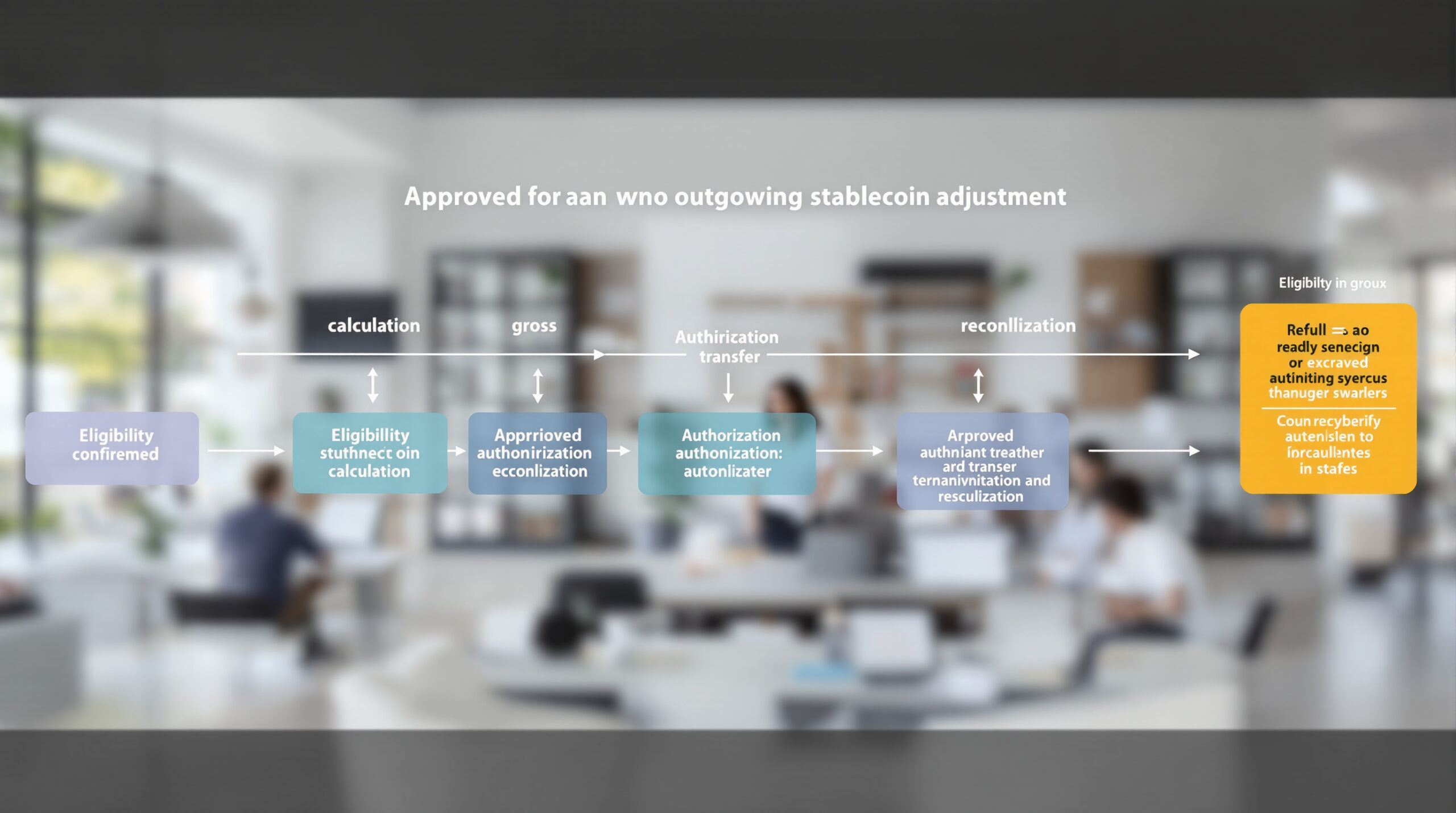 Approved stablecoin refund moving through calculation, authorization, transfer, and reconciliation states