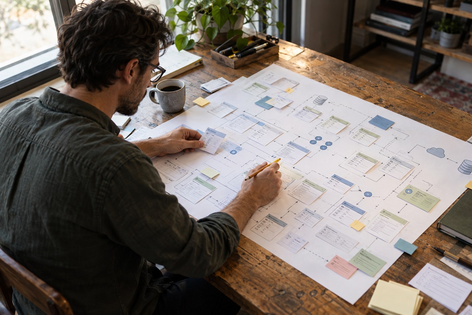 Architect reviewing a printed CRM and crypto billing data map