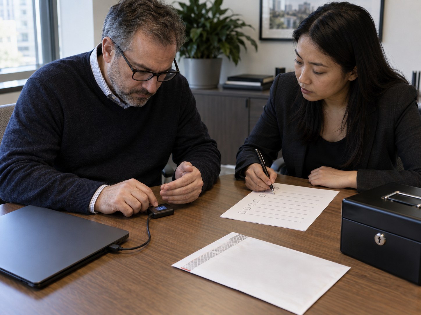 Two authorized signers testing a hardware-wallet recovery procedure