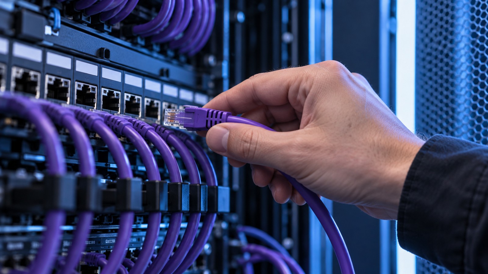 A technician connecting an Ethernet cable to a network patch panel