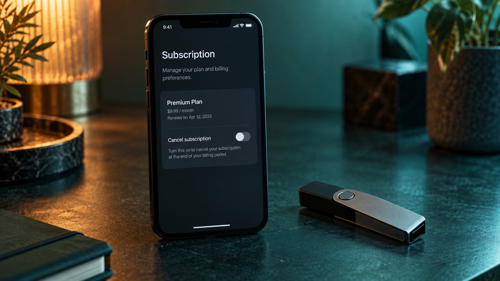 A smartphone displaying a generic subscription management screen beside a hardware wallet