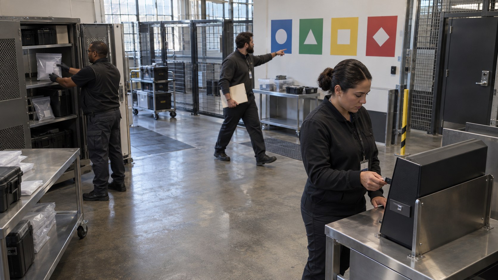 Three operations staff rehearse a billing dispute, moving between a secure refund terminal, evidence cabinet.