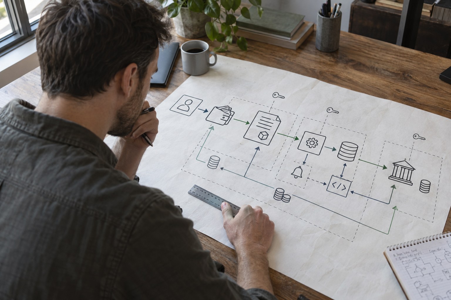 Engineer mapping crypto billing authority and fund flows on paper