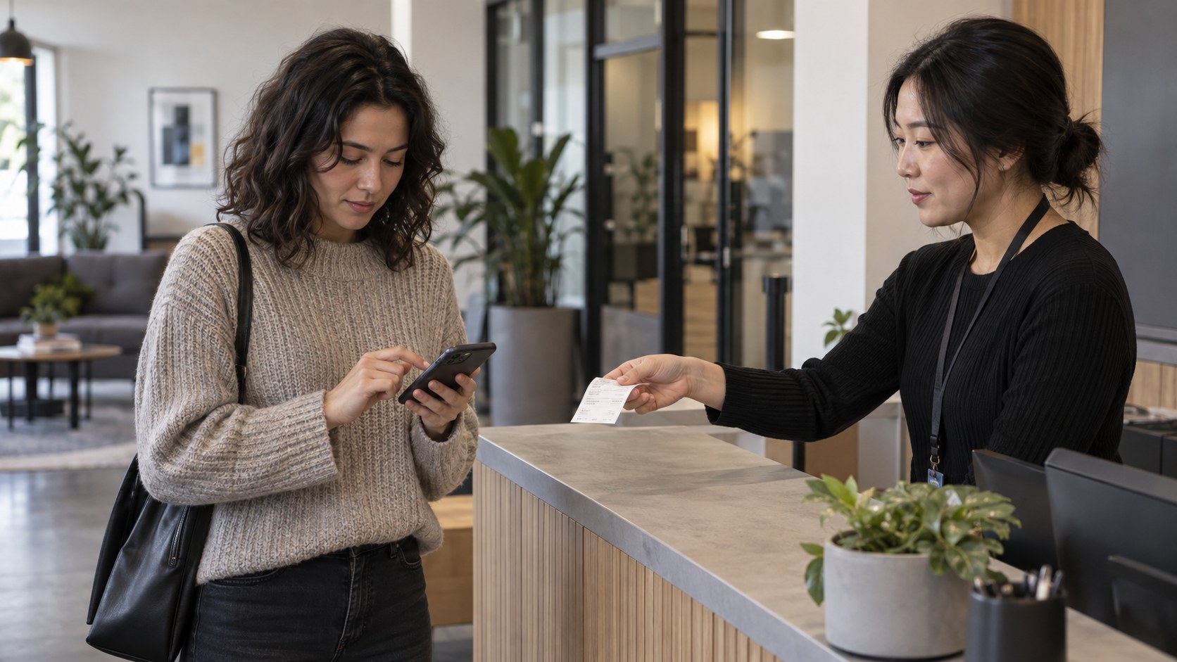 Customer confirms a phone transaction at a co-working reception counter as a staff member offers a printed receipt