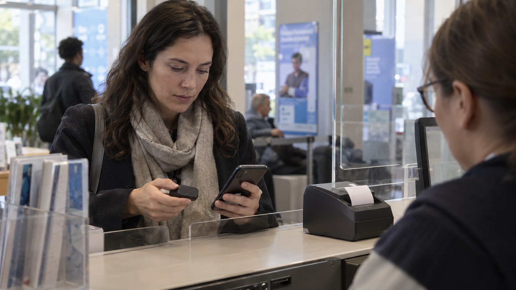 Subscriber uses a phone and hardware wallet at a digital-service help counter with a security divider and transaction printer.