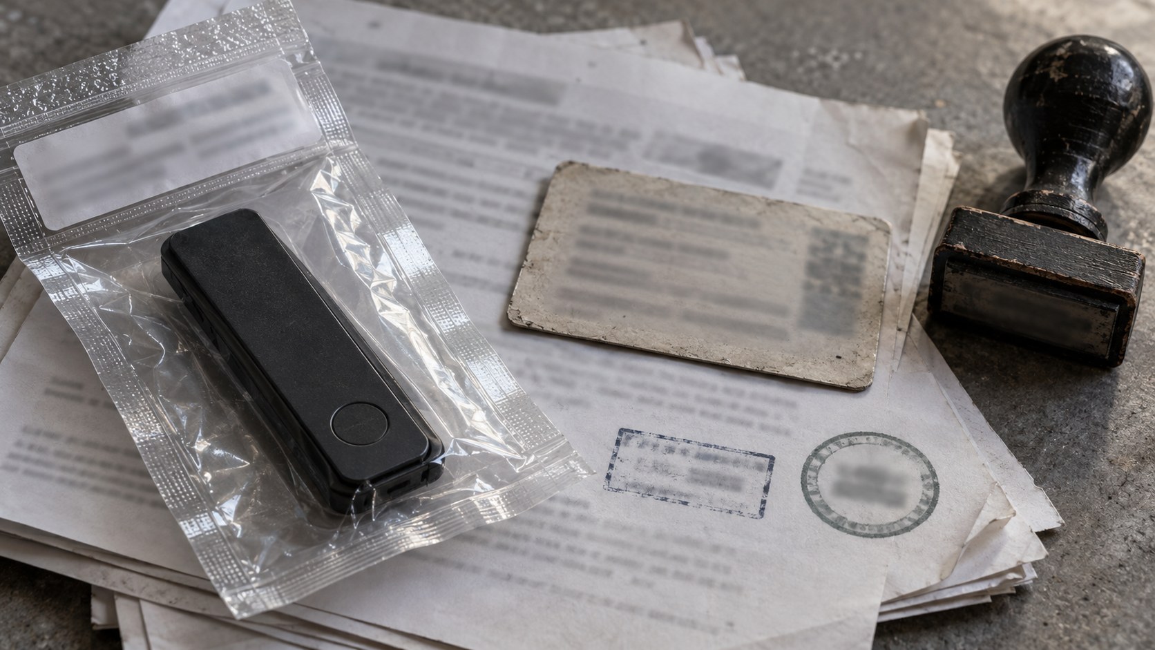 Sealed black hardware wallet, blurred report pages, reference card, ink impressions, and a worn approval stamp on a gray review surface.
