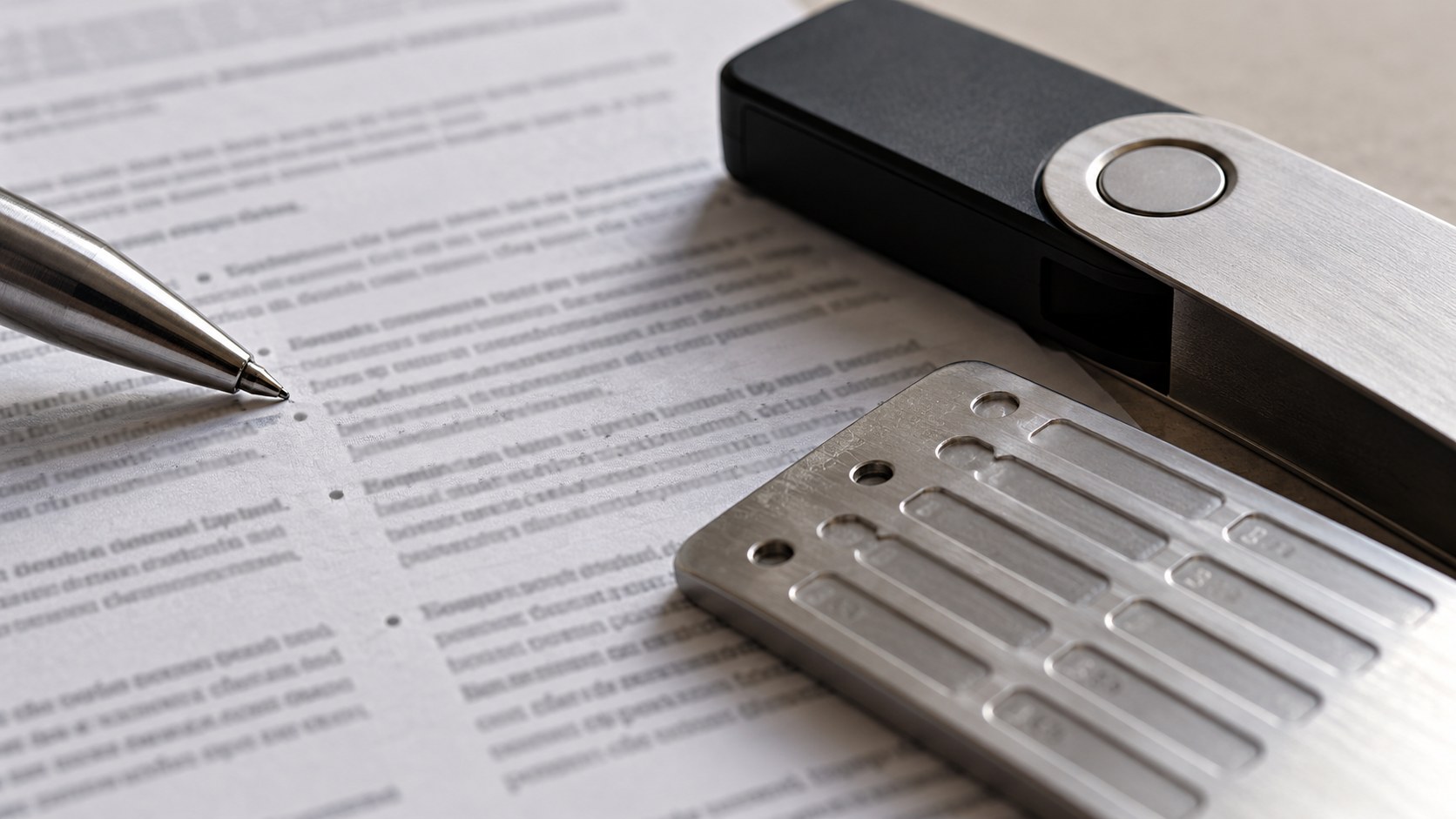 Macro view of a pen checking blurred policy clauses beside an unbranded hardware wallet and metal key backup in natural side light.