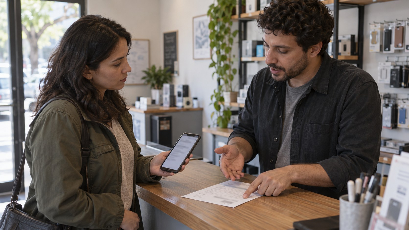 Support specialist gestures to a printed cancellation record as a customer compares it.