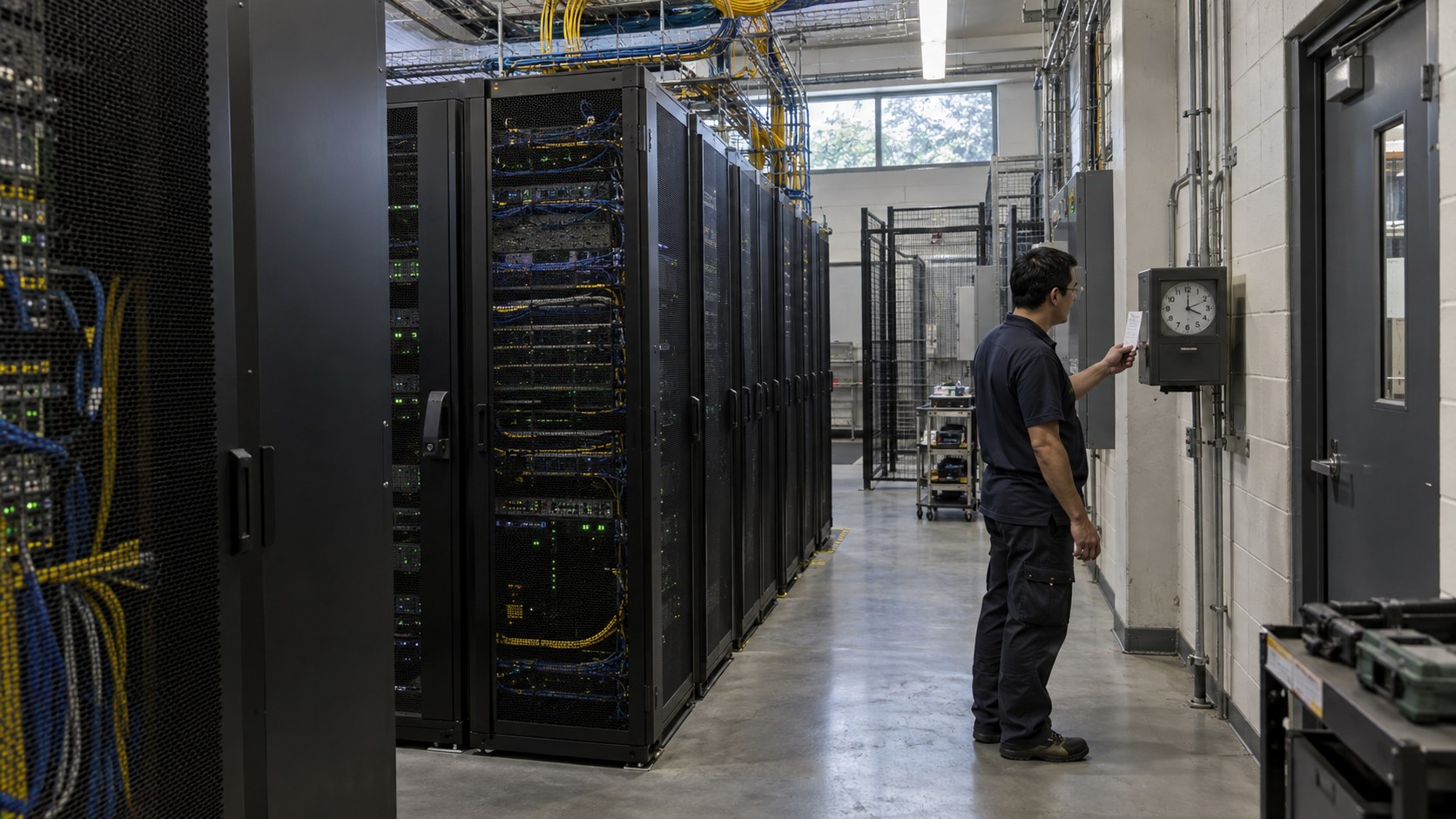 A technician compares a transaction slip with a wall clock beside server cabinets, overhead cabling.