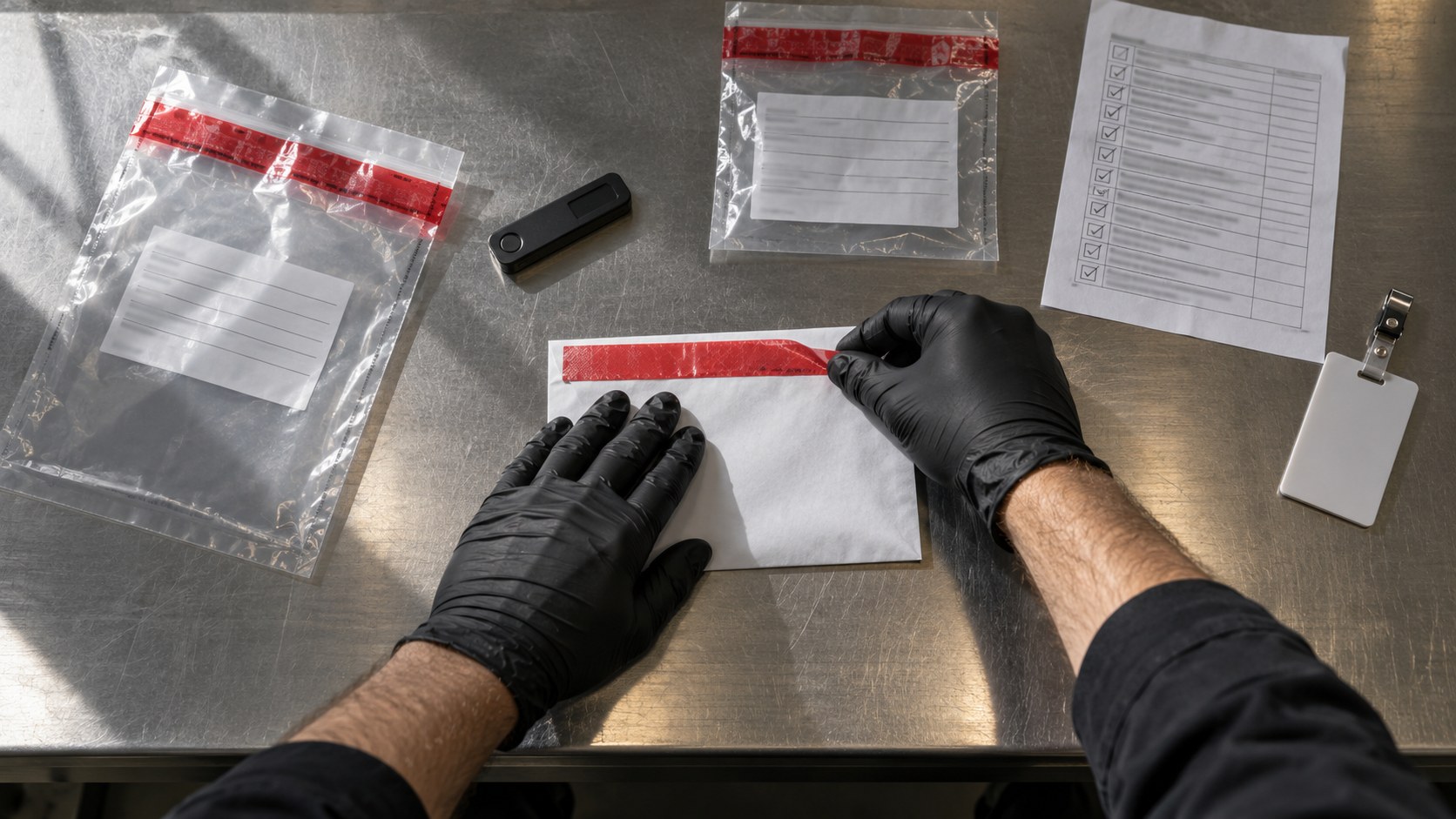 Overhead view of gloved hands sealing a recovery-key envelope beside a hardware wallet, security bags, access badge and completed checklist.
