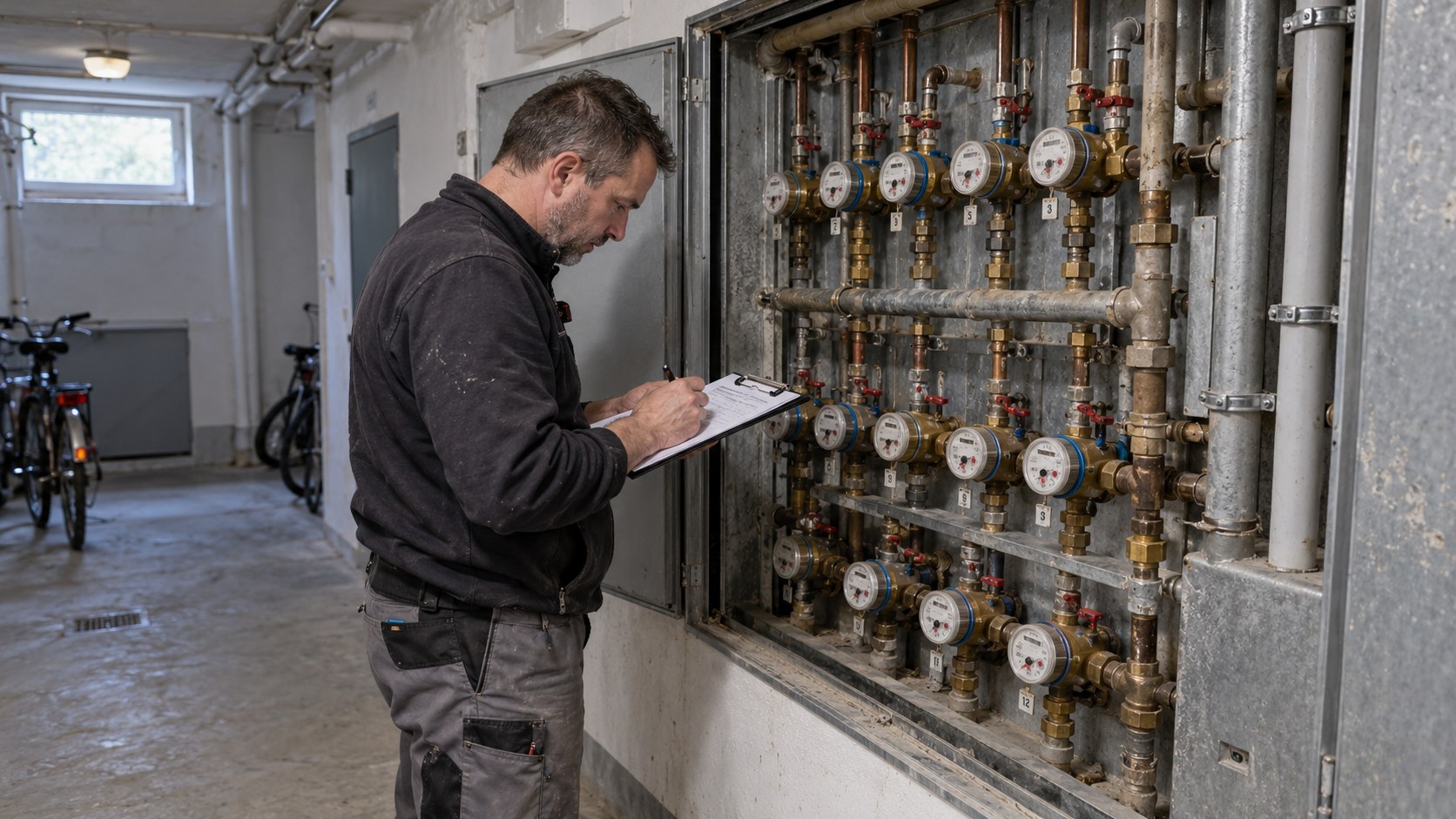 Utility technician records readings on a clipboard beside rows of meters and exposed pipes in an apartment building service corridor.
