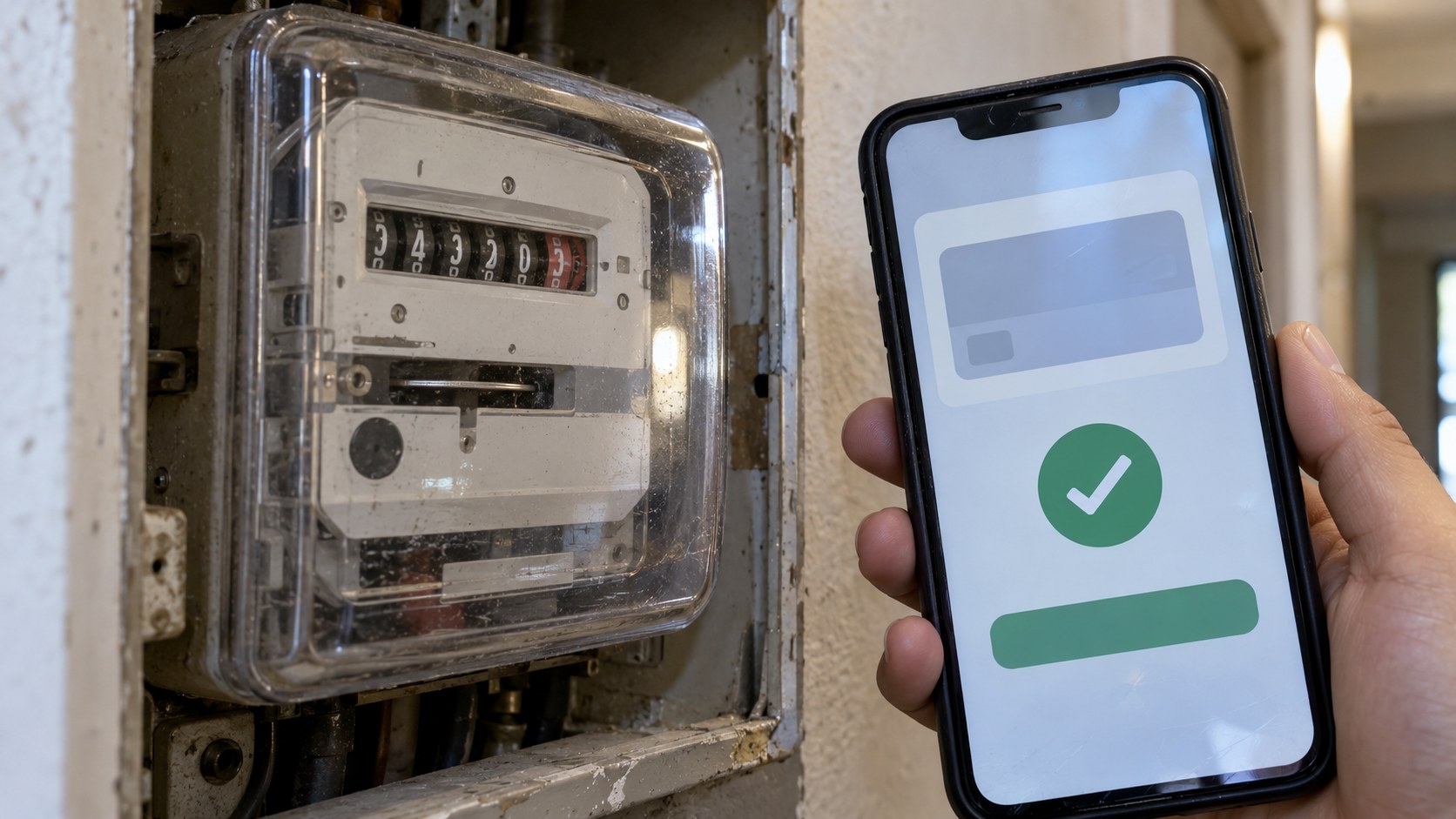 Close-up of a worn utility meter beside a hand-held smartphone displaying an unbranded wallet confirmation screen in natural hallway light.