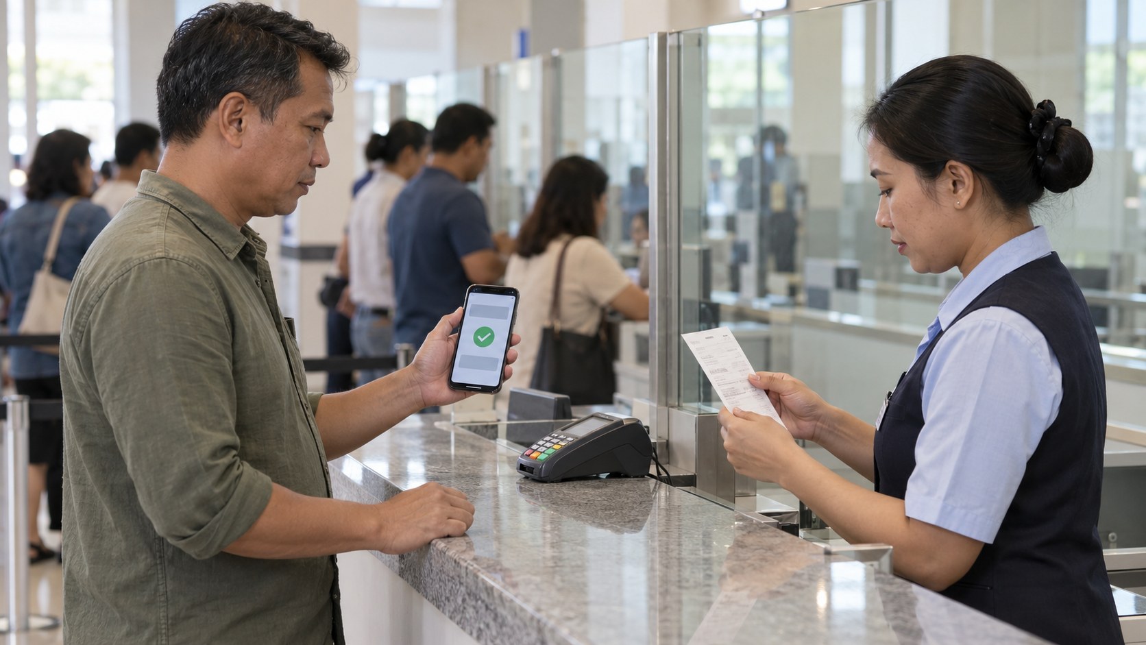 Standing service-center cashier compares a printed utility receipt with a customer’s phone payment confirmation at a public counter.