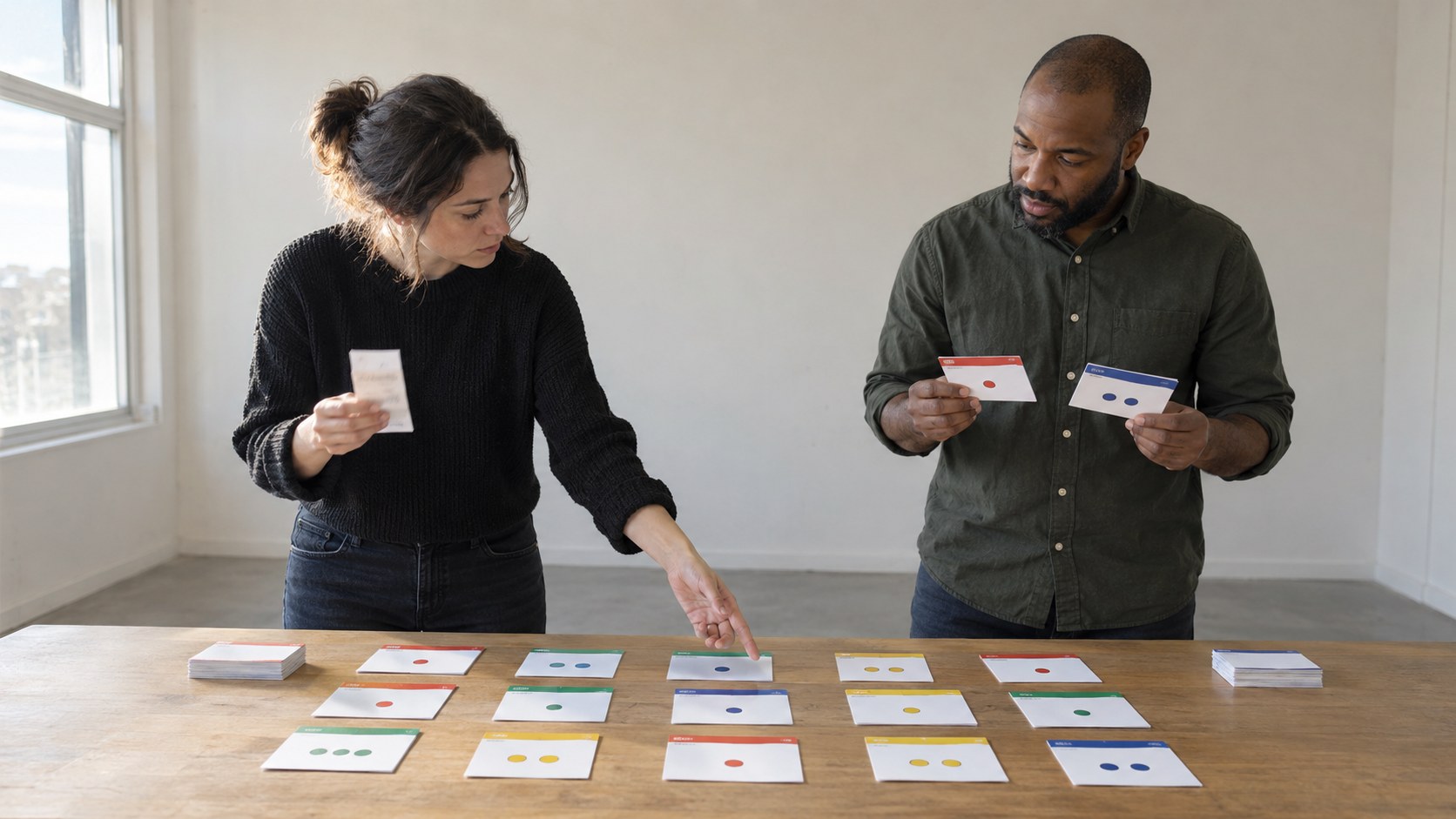 Billing operations specialist and support lead compare a wallet receipt with color-coded subscription-state cards across a long incident-room table.
