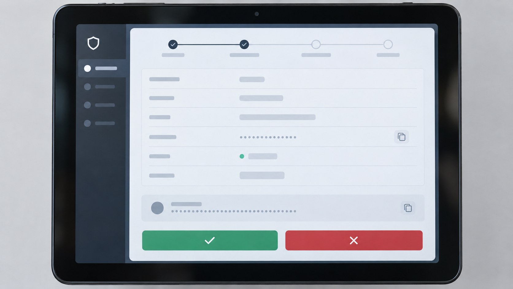 Close frontal view of an unbranded secure device displaying structured transaction fields, masked address details.
