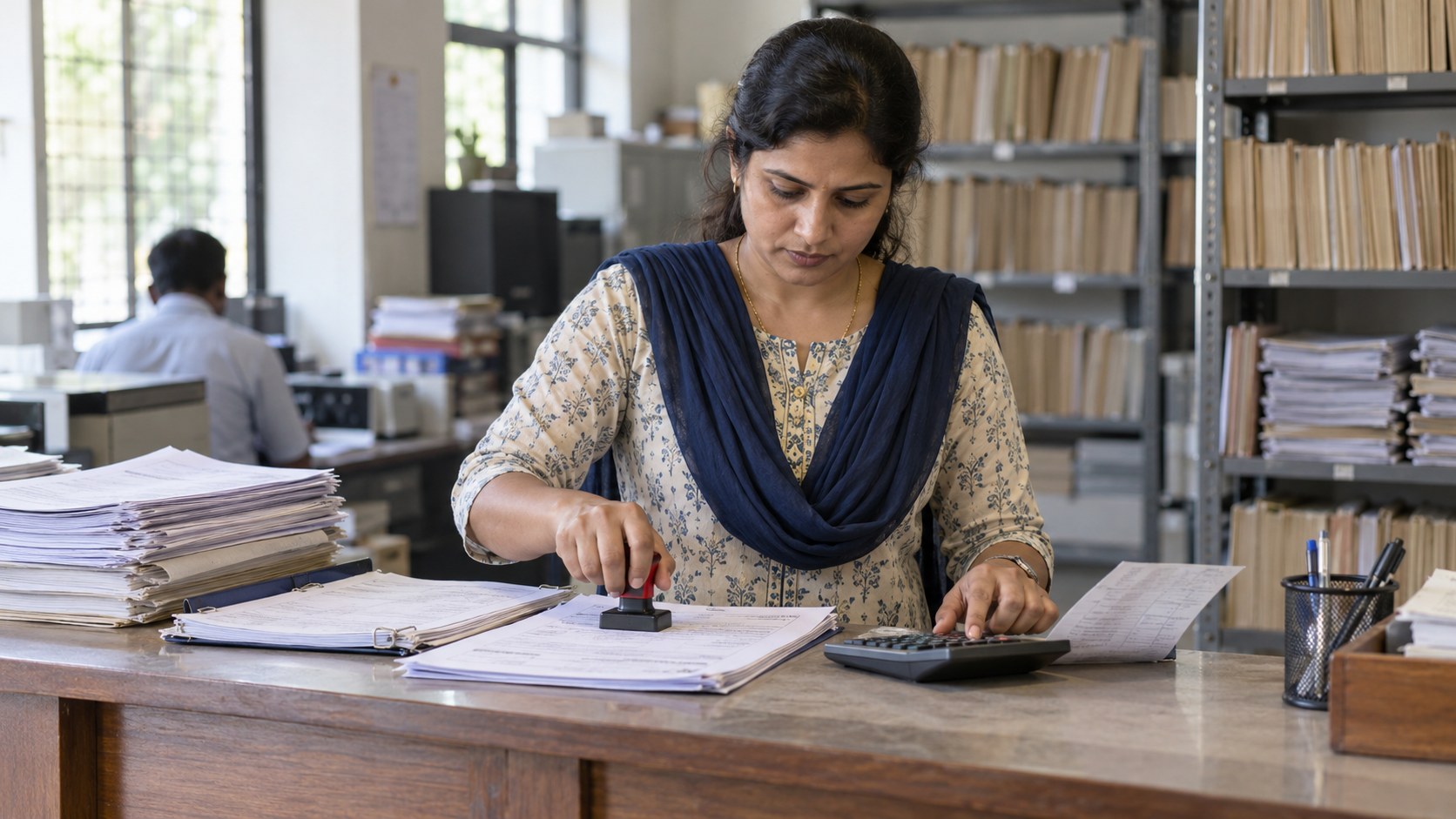Billing operator uses a calculator while stamping a calculation sheet at a records counter lit by side daylight