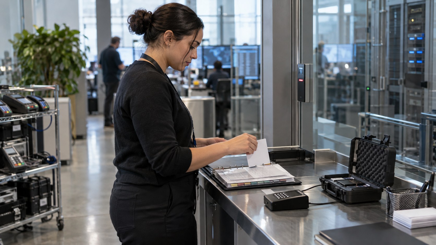 Payment operations lead places an approval card into a deployment binder beside a hardware security device at a secure standing station.