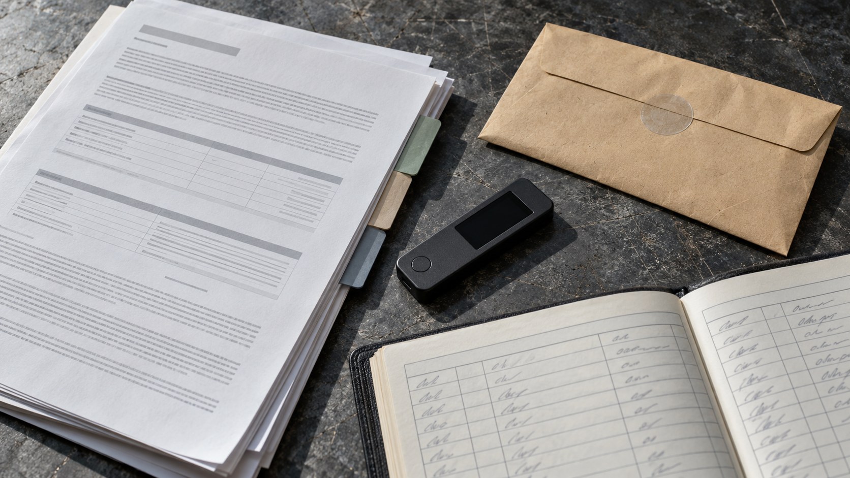 Insurance papers, a hardware wallet, sealed recovery envelope and access register arranged on a scratched stone table in directional daylight.